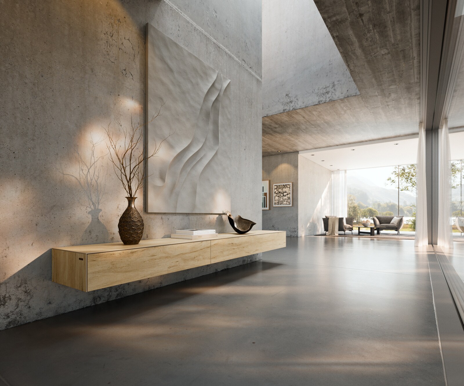 Lowboard Cuor 250 cm Keramik Laminam® Sabbia Eichefarbig 1 Klappe 1 Schubfach Schwebend 1