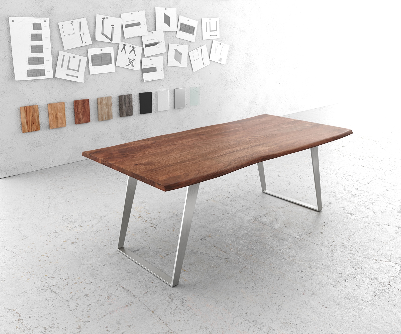 Esstisch Edge 200x100cm Akazie Braun Edelstahl Silber schräg Live-Edge 1