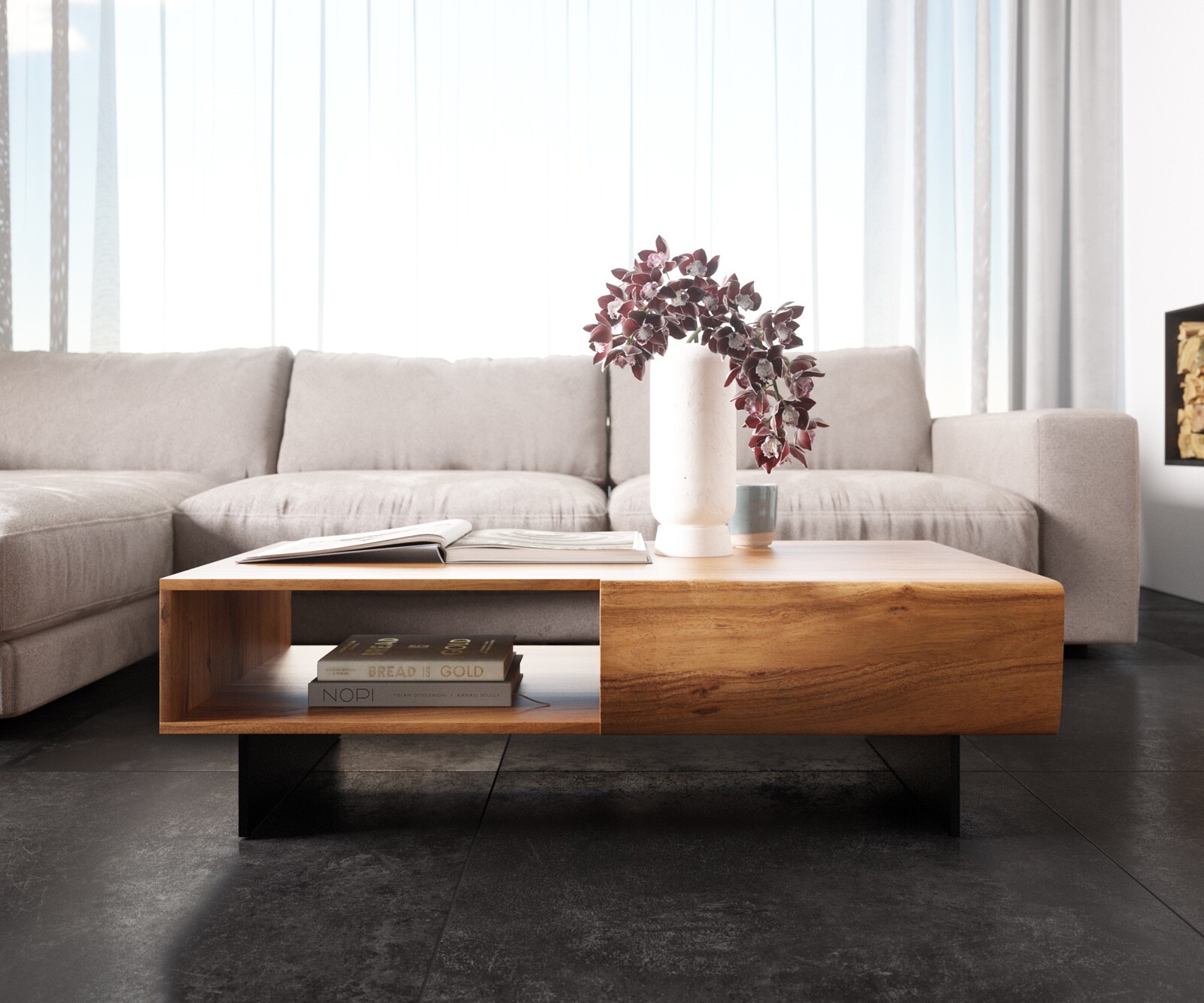 Table-basse New Live-Edge 115x60 cm acacia naturel 2 tiroirs 1 compartiment pied flottant métal noir 1
