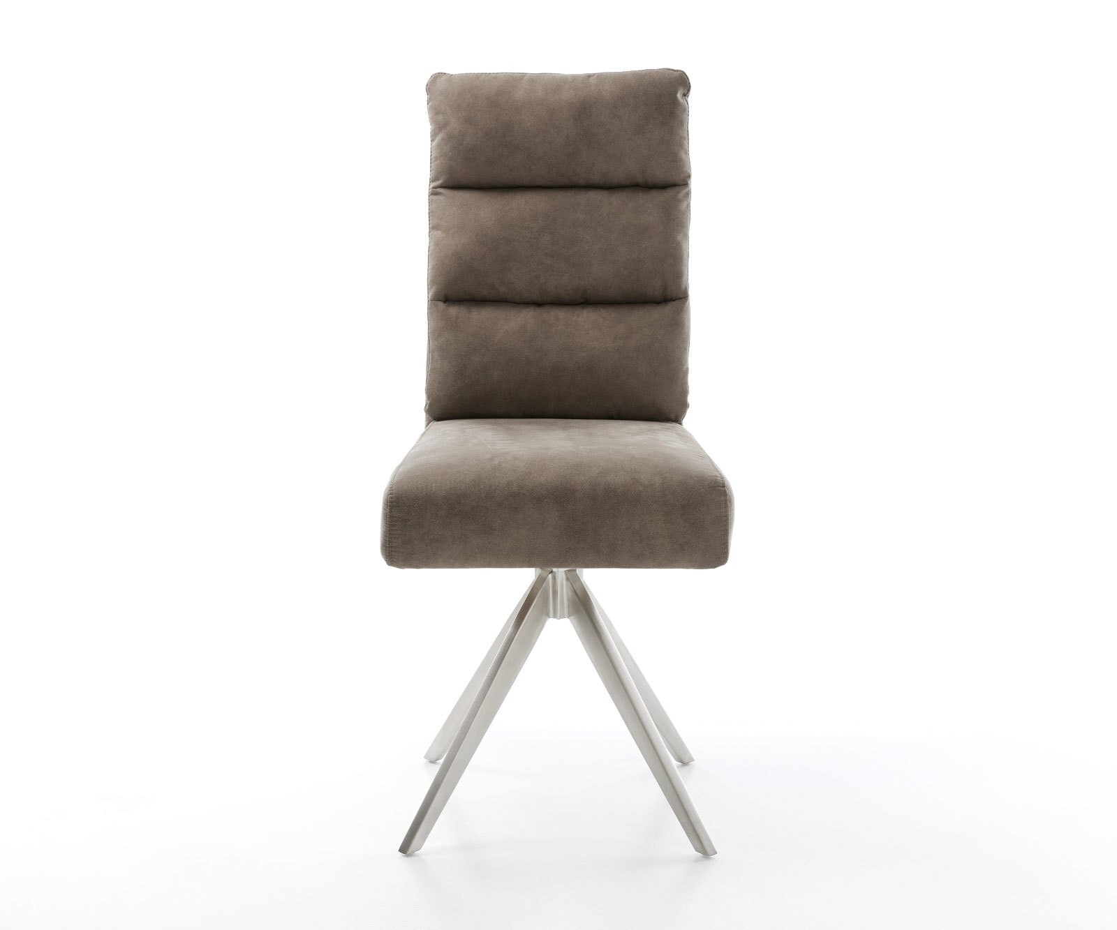 Chaise-de-salle-à-manger Pela-Flex microvelours taupe vintage pied croisé angulaire acier inoxydable brossé ressorts ensachés 1