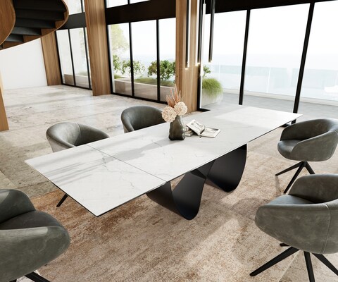 Table à manger Edge 200-300x100 cm Céramique Laminam®Statuarietto Blanc Infinity Métal Noir extensible