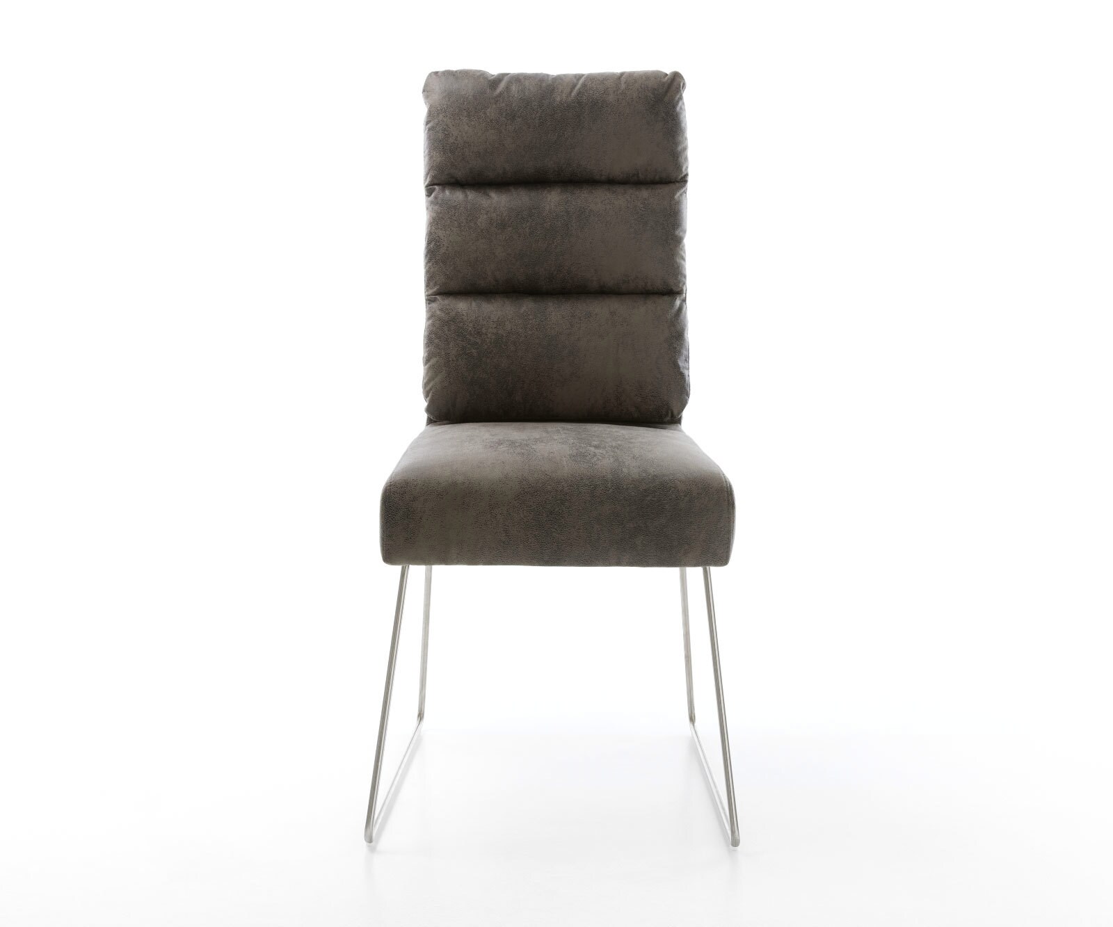 Chaise-de-salle-à-manger Pela-Flex microvelours gris antique pied trapèze acier inoxydable brossé ressorts ensachés 1