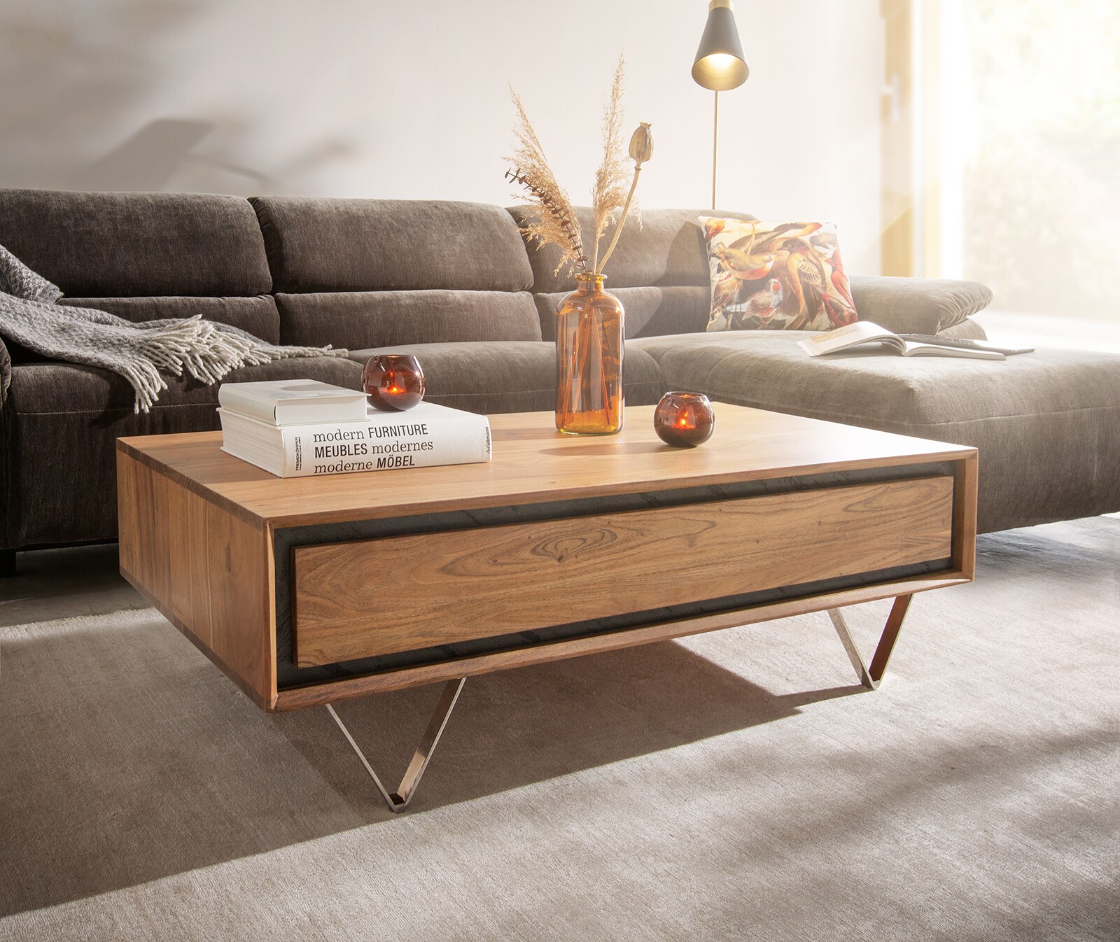 Table basse Stonegrace 115x60 acacia nature 1 tiroir placage en pierre pieds en V