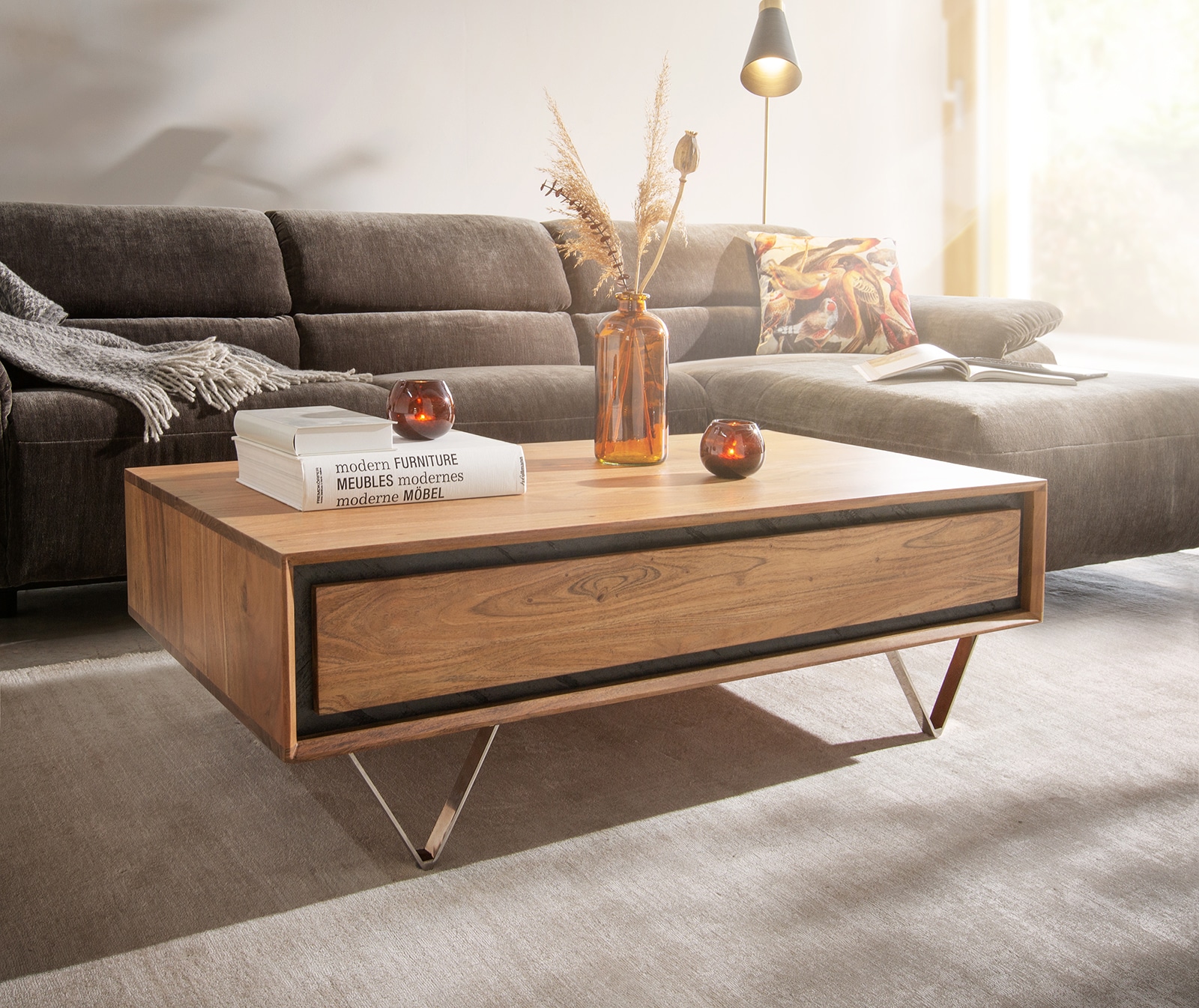 Wohnzimmertisch Stonegrace Akazie Natur 115x60 cm 2 Schubladen Steinfurnier Couchtisch