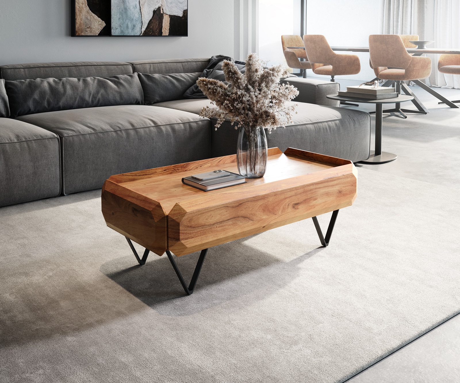 Couchtisch Kiano 100x50 cm Akazie Natur 2 Schübe V-Fuß Schwarz Couchtisch Kiano 100x50 cm Akazie Natur 2 Schübe V-Fuß Schwarz