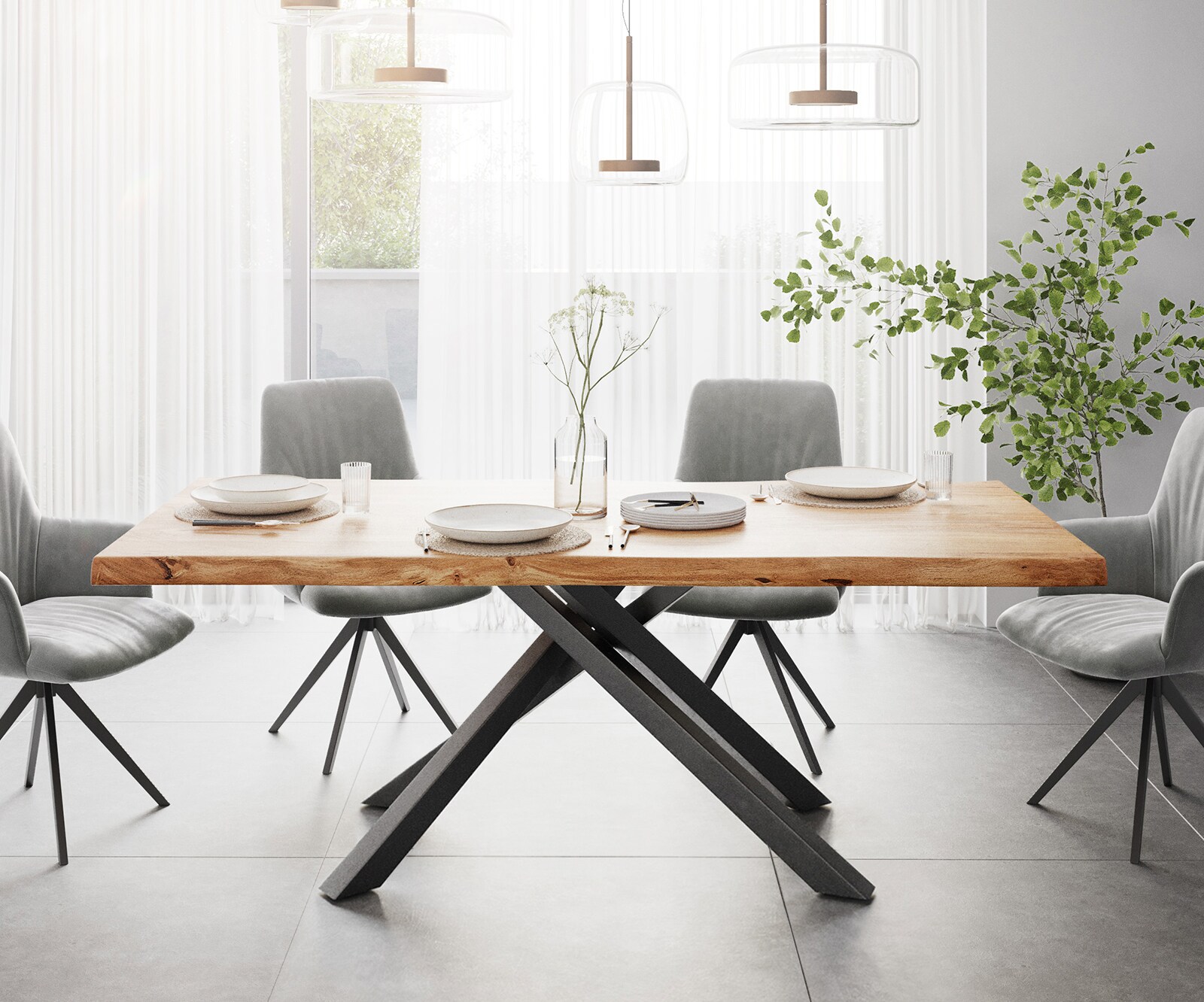 Esstisch Edge 200x100 XL Akazie Natur Kreuzgestell Rechteck Schwarz Live-Edge 2
