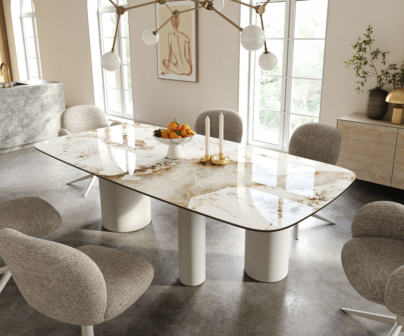 Table à manger Edge Boot 240x120 cm Céramique Minas Melange Blanc-Beige Troa Métal Blanc