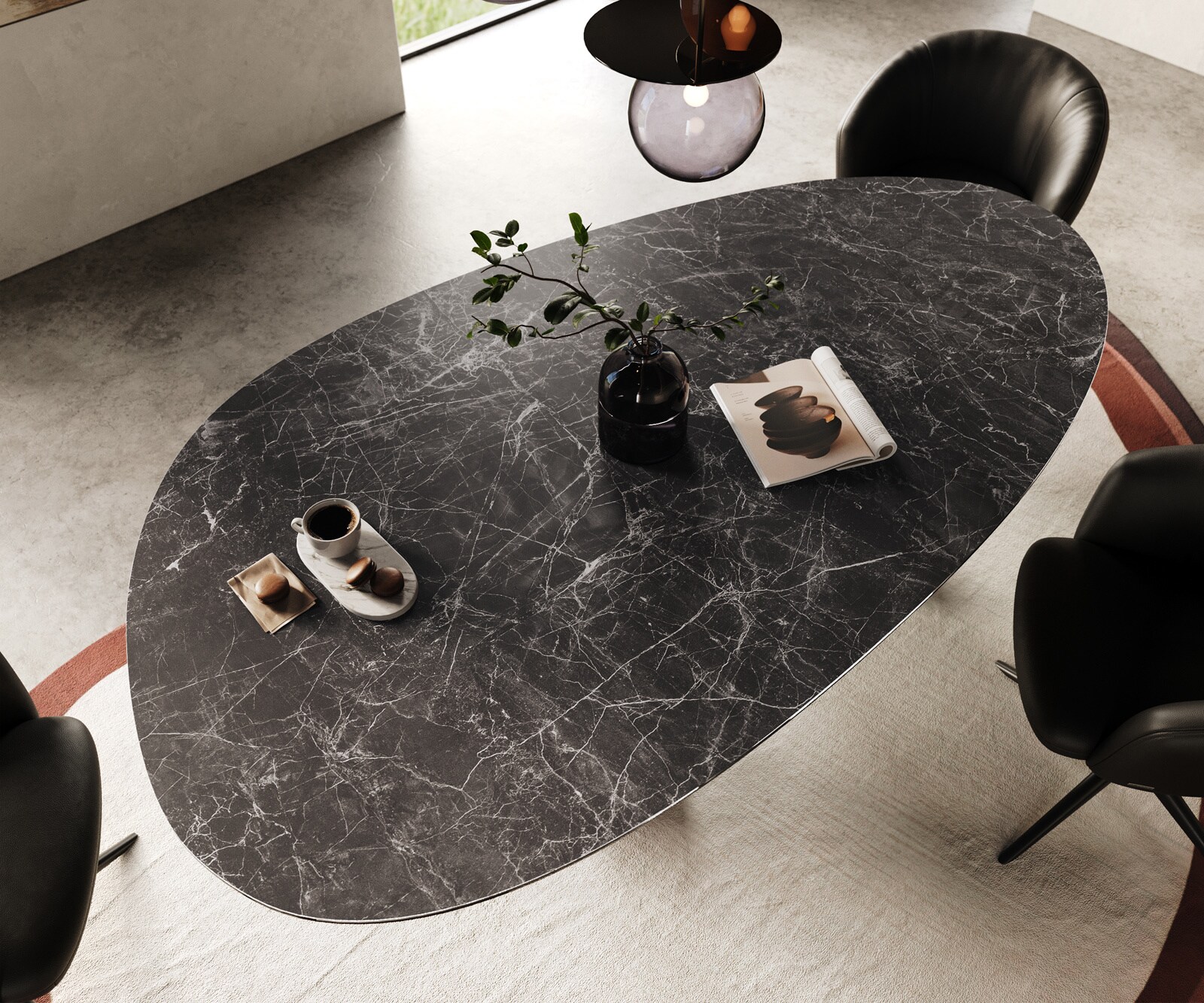 Table à manger Edge ovalee 220x120 céramique Laminam® Nero Greco anthracite Troa métal noir 4