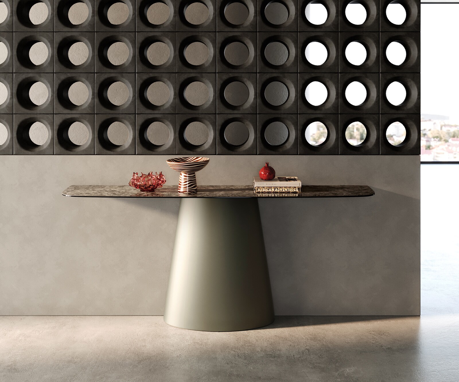 Console Edge forme bateau 180x40 cm Céramique Emperador Extra Lucidato Dunkelbraun Conos Métal Effektfinish Titan 3