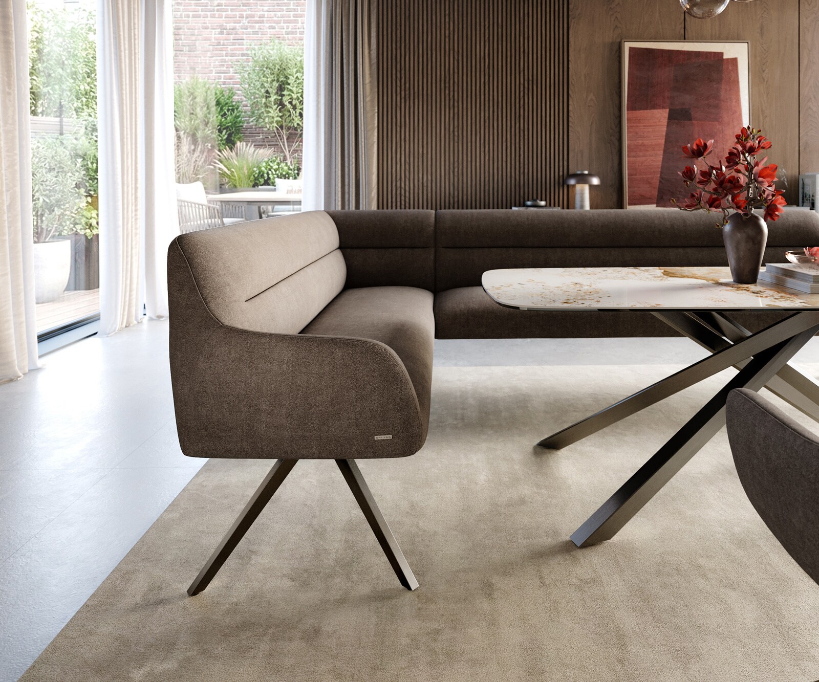 Banc-de-salle-à-manger Taya-Flex 285x190 cm tissu structuré doux taupe pied croisé angulaire grafiete ressort ensaché à droite 5