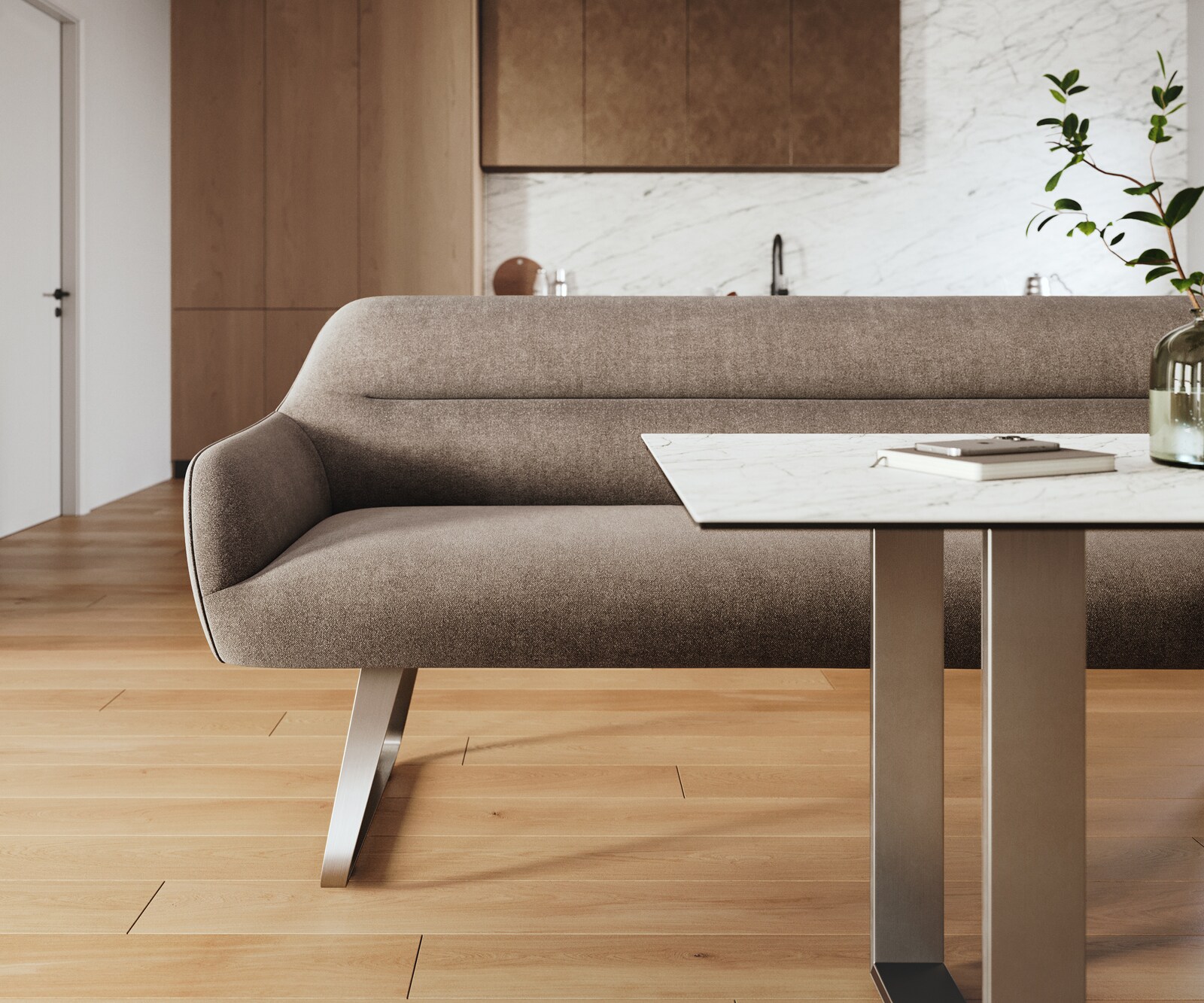 Esszimmerbank Taya-Flex 200 cm Strukturstoff Soft Taupe Kufengestell flach Edelstahl Taschenfederkern 1