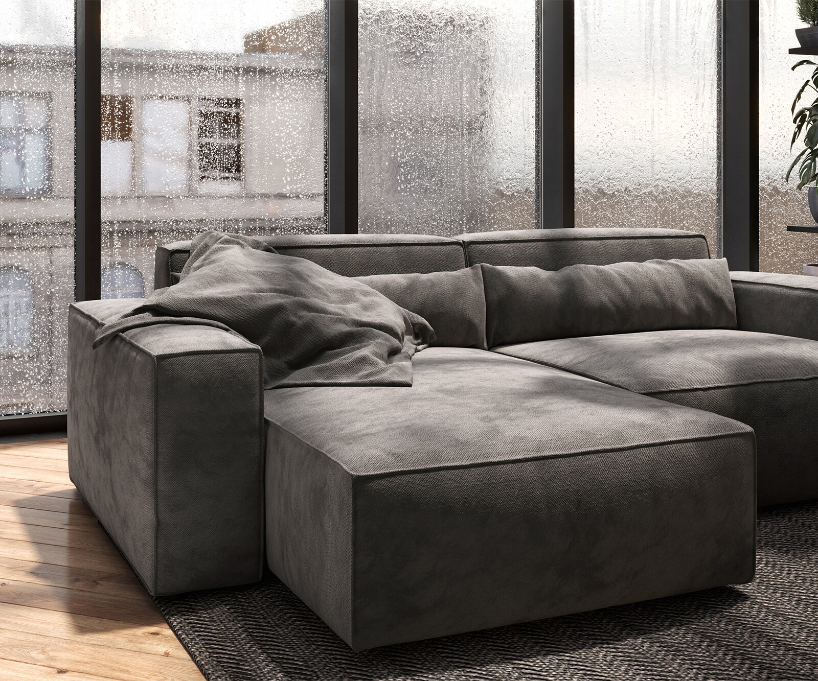 Canapé d'angle Sirpio 230x155 cm Microfibre Marron Kaki Recamiere variable avec Tabouret 4