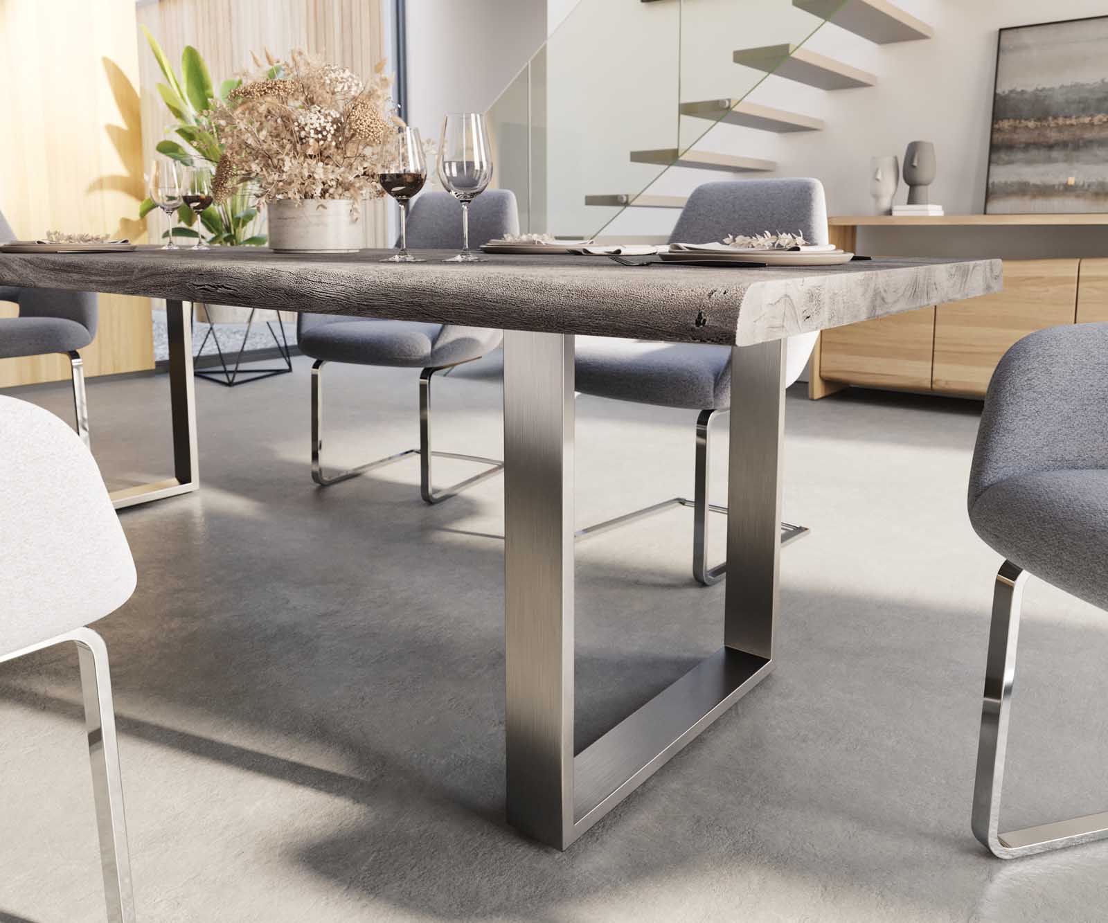 Table-à-manger Edge 260x100 XL acacia platine acier inoxydable mince Live-Edge 5