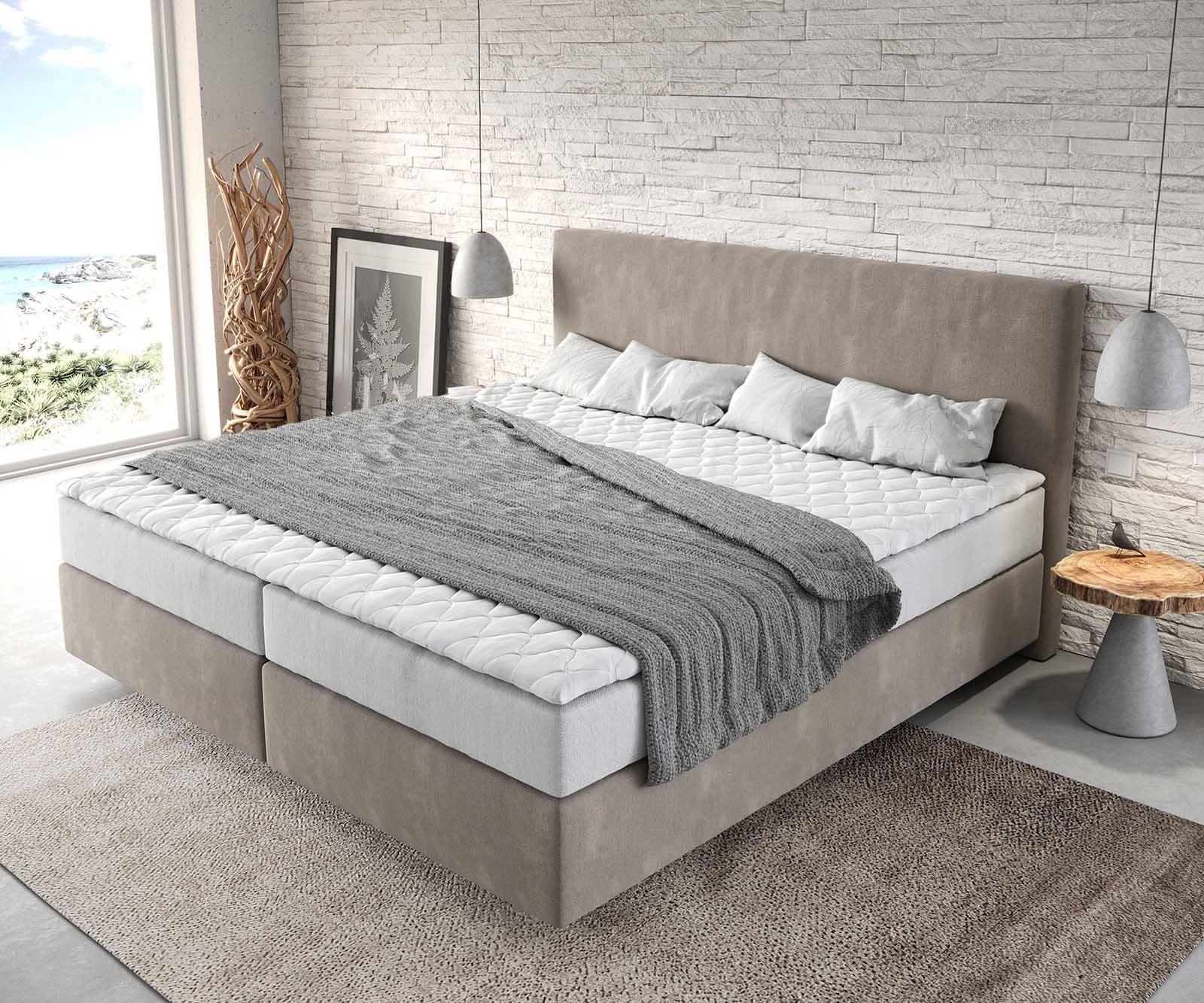 Boxspringbett Dream-Well Mikrofaser Beige 200x200 cm mit Taschenfederkernmatratze und Topper Visco 3 Boxspringbett Dream-Well Mikrofaser Beige 200x200 cm mit Taschenfederkernmatratze und Topper Visco 3