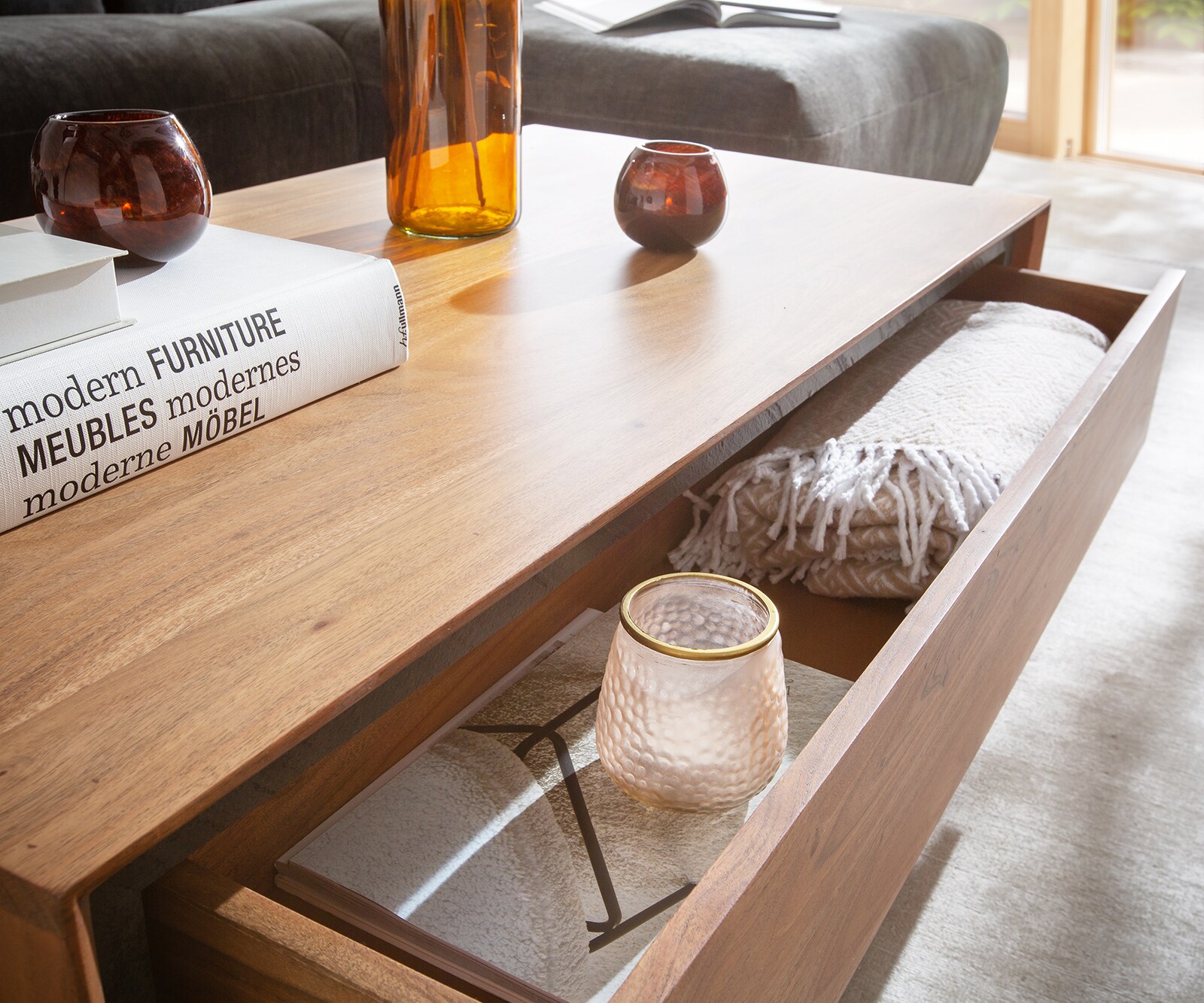 Table basse Stonegrace 115x60 acacia nature 1 tiroir placage en pierre pieds en V 3