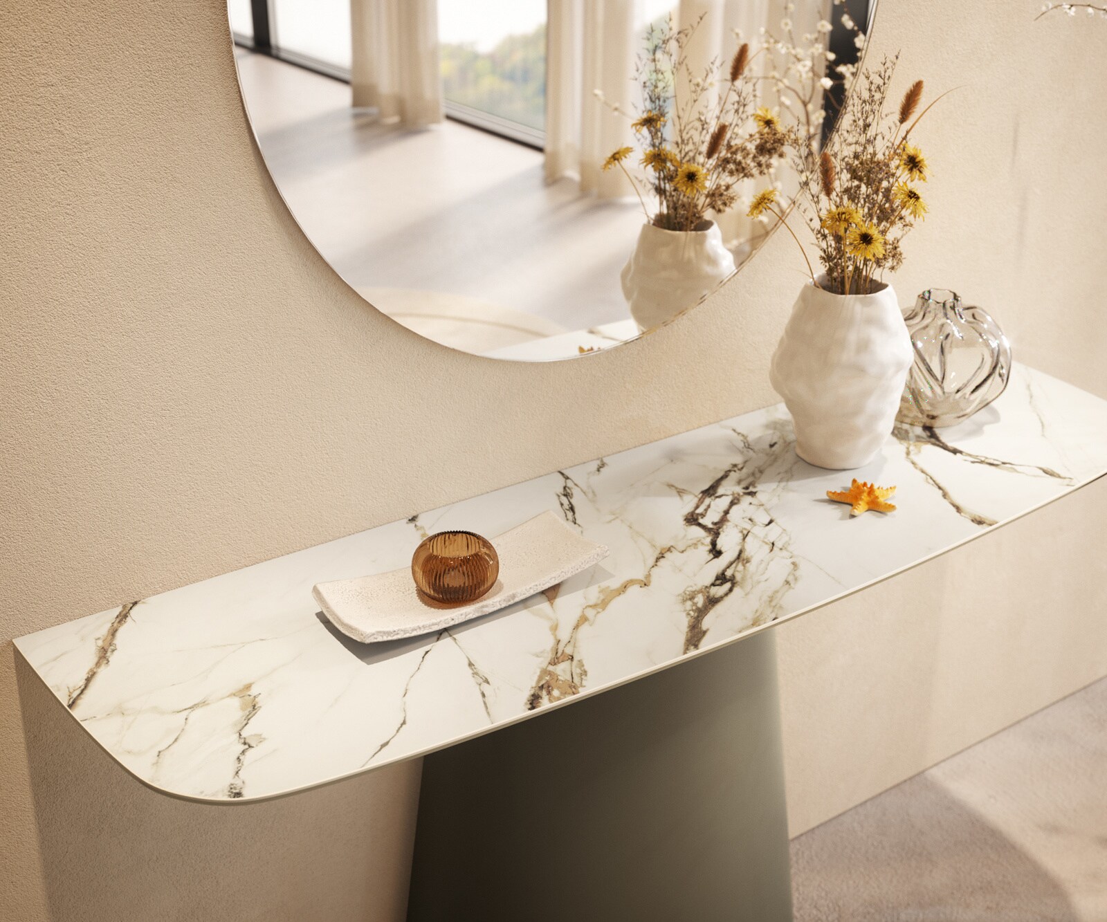 Console Edge forme bateau 140x40 cm Céramique Calacatta Luxe Weiß-Gold-Gris Conos Métal Effektfinish Titan 5