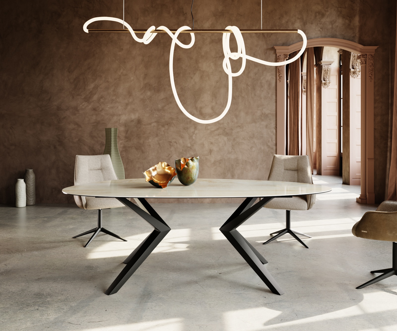 Esstisch Edge Oval 220x120 Keramik Iris FMG Onice Oro Zenthara kantig Metall Schwarz 2