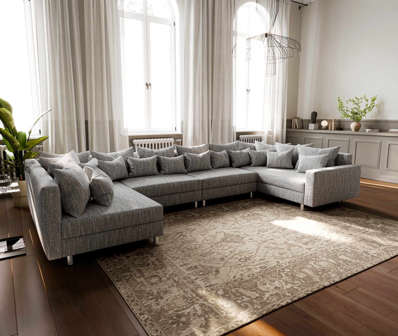 Wohnlandschaft Clovis XL Hellgrau Strukturstoff Modulsofa Armlehne 
