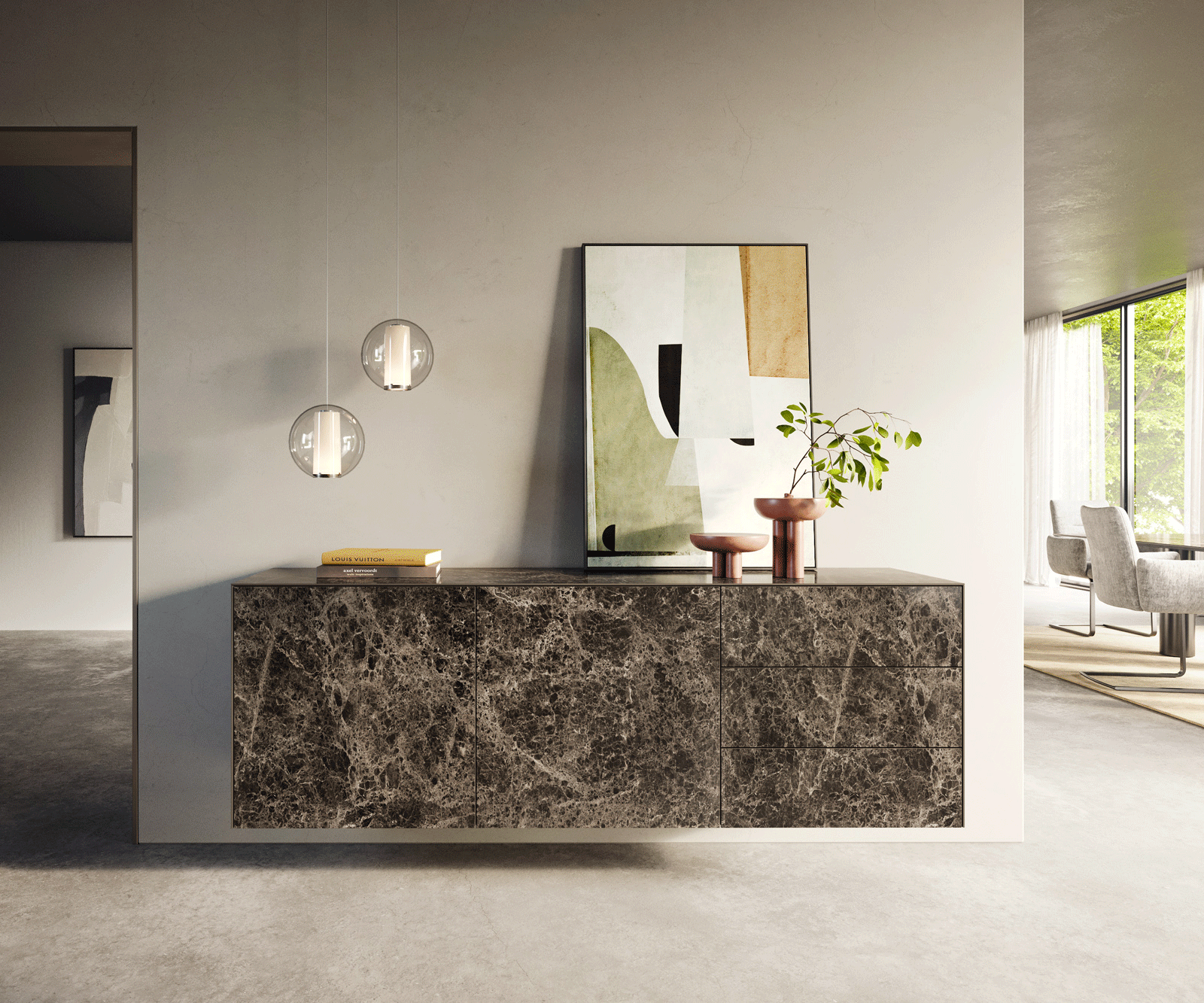 Sideboard Cuor 180 cm Keramik Emperador Extra Lucidato Dunkelbraun 2 Türen 3 Schubfächer Schwebend 1