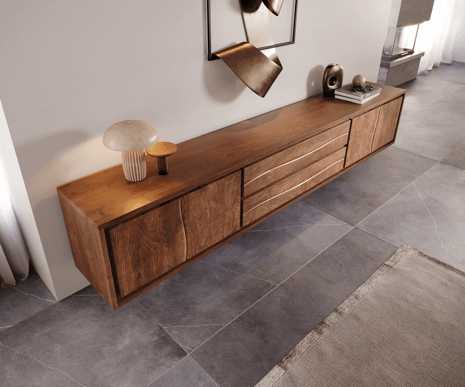 Lowboard Live-Edge 300 cm Akazie Braun 4 Türen 2 Schübe schwebend 3 Lowboard Live-Edge 300 cm Akazie Braun 4 Türen 2 Schübe schwebend 3