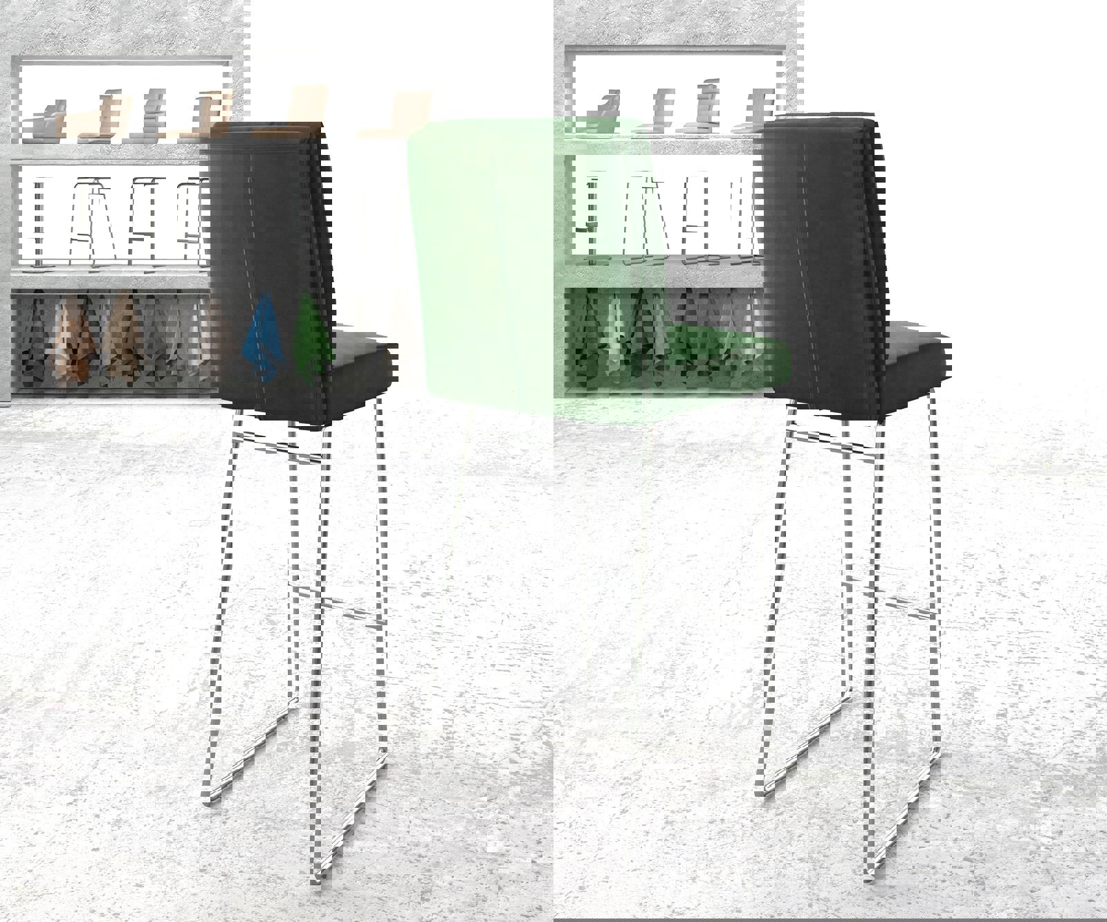 Barstuhl Pela-Flex Samt Grün Kufengestell Edelstahl 2 Barstuhl Pela-Flex Samt Grün Kufengestell Edelstahl 2