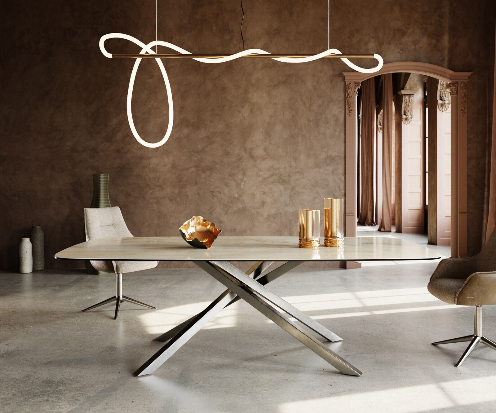 Table à manger Edge Boot 240x120 cm Céramique Iris FMG Onice Oro piètement en croix Rectangle Acier inoxydable 1