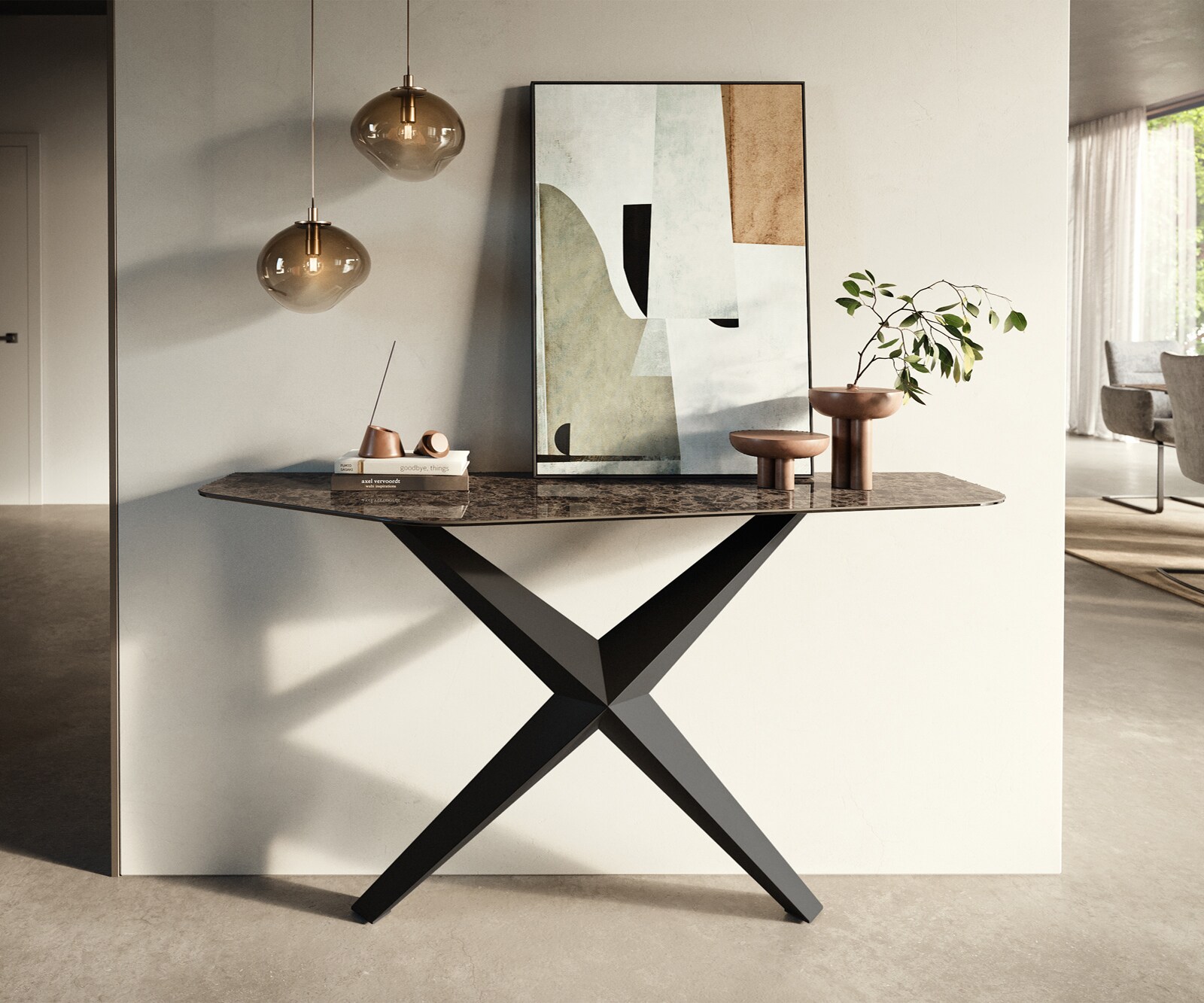 Console Edge Polygonal 140x50 cm Céramique Emperador Extra Lucidato Dunkelbraun Zentharo Métal Noir 1