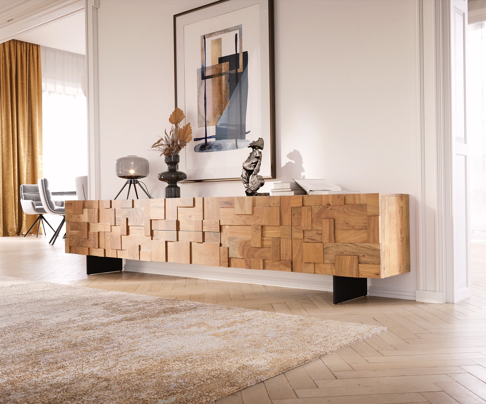 Lowboard Puzzle 260 cm 4 Türen 2 Schubfachächer Akazie Natur Fuß schwebend Metall schwarz Lowboard Puzzle 260 cm 4 Türen 2 Schubfachächer Akazie Natur Fuß schwebend Metall schwarz