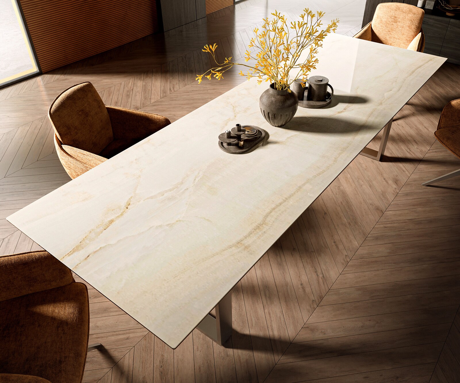 Table à manger Edge 300x100 Céramique Laminam® Onice Oro Acier inoxydable Étroit 3