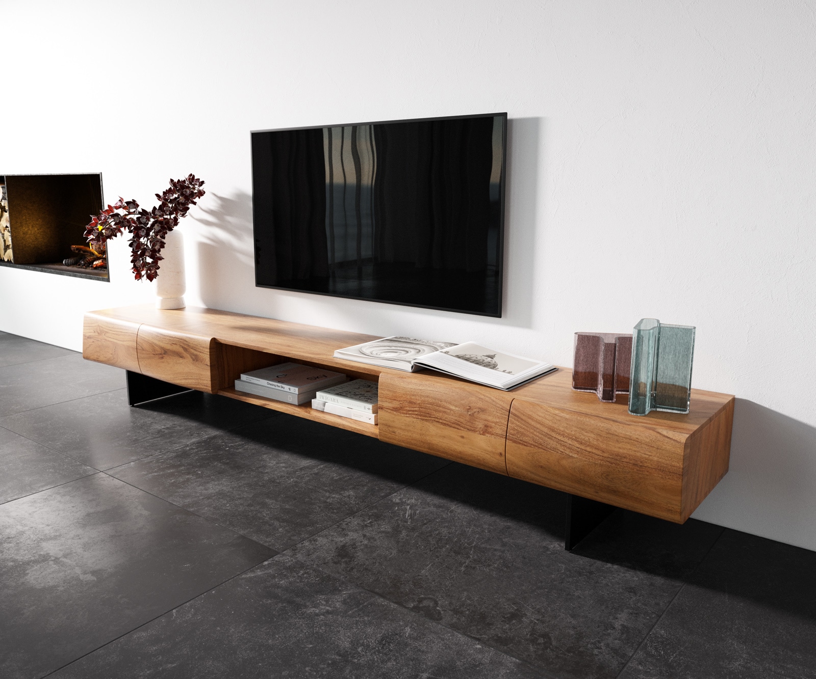 Meuble-TV New Live-Edge 240 cm acacia naturel 4 portes 1 compartiment pied flottant métal noir Meuble-TV New Live-Edge 240 cm acacia naturel 4 portes 1 compartiment pied flottant métal noir