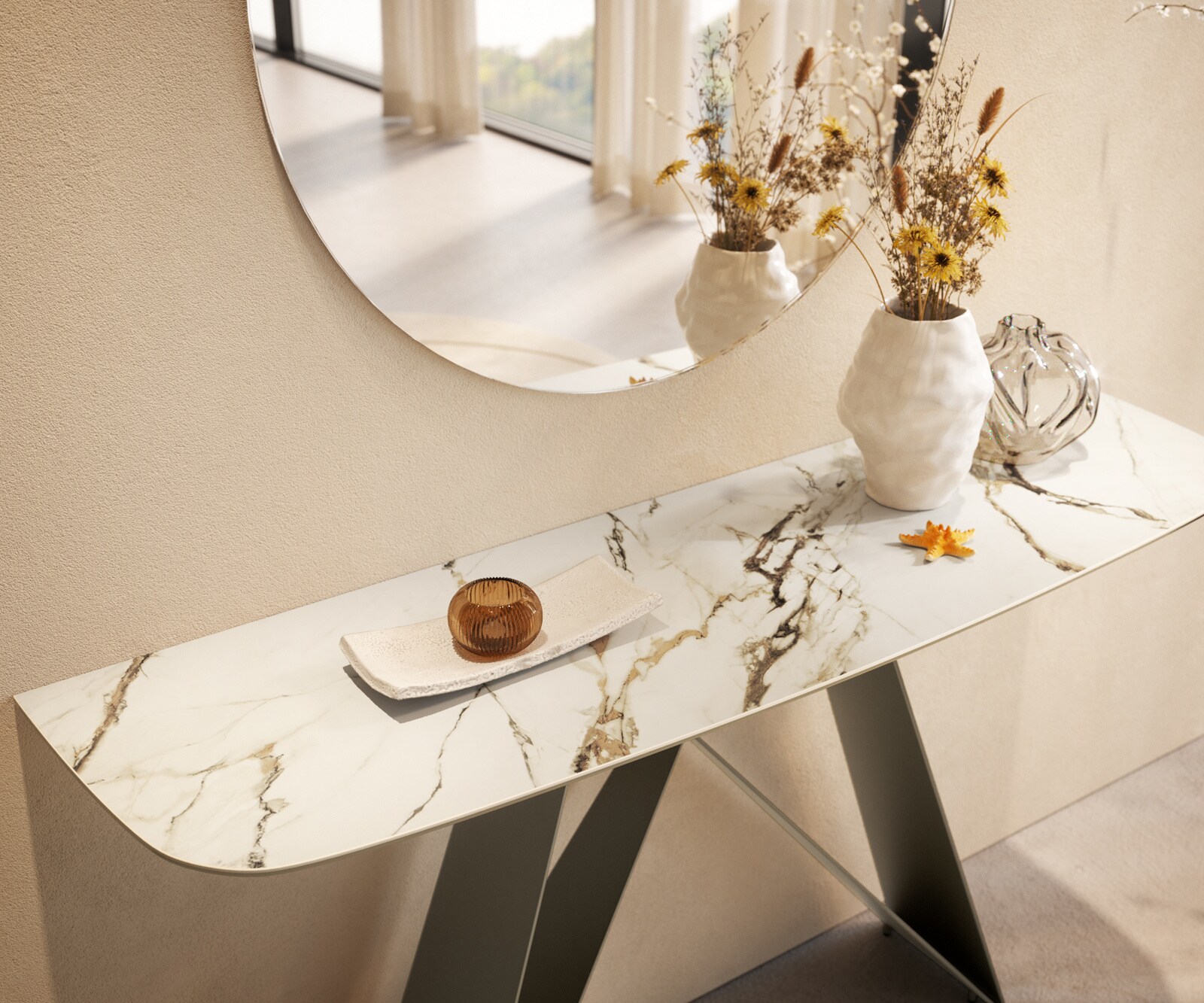 Console Edge forme bateau 140x40 cm Céramique Calacatta Luxe Weiß-Gold-Gris Velio Métal Effektfinish Titan 6