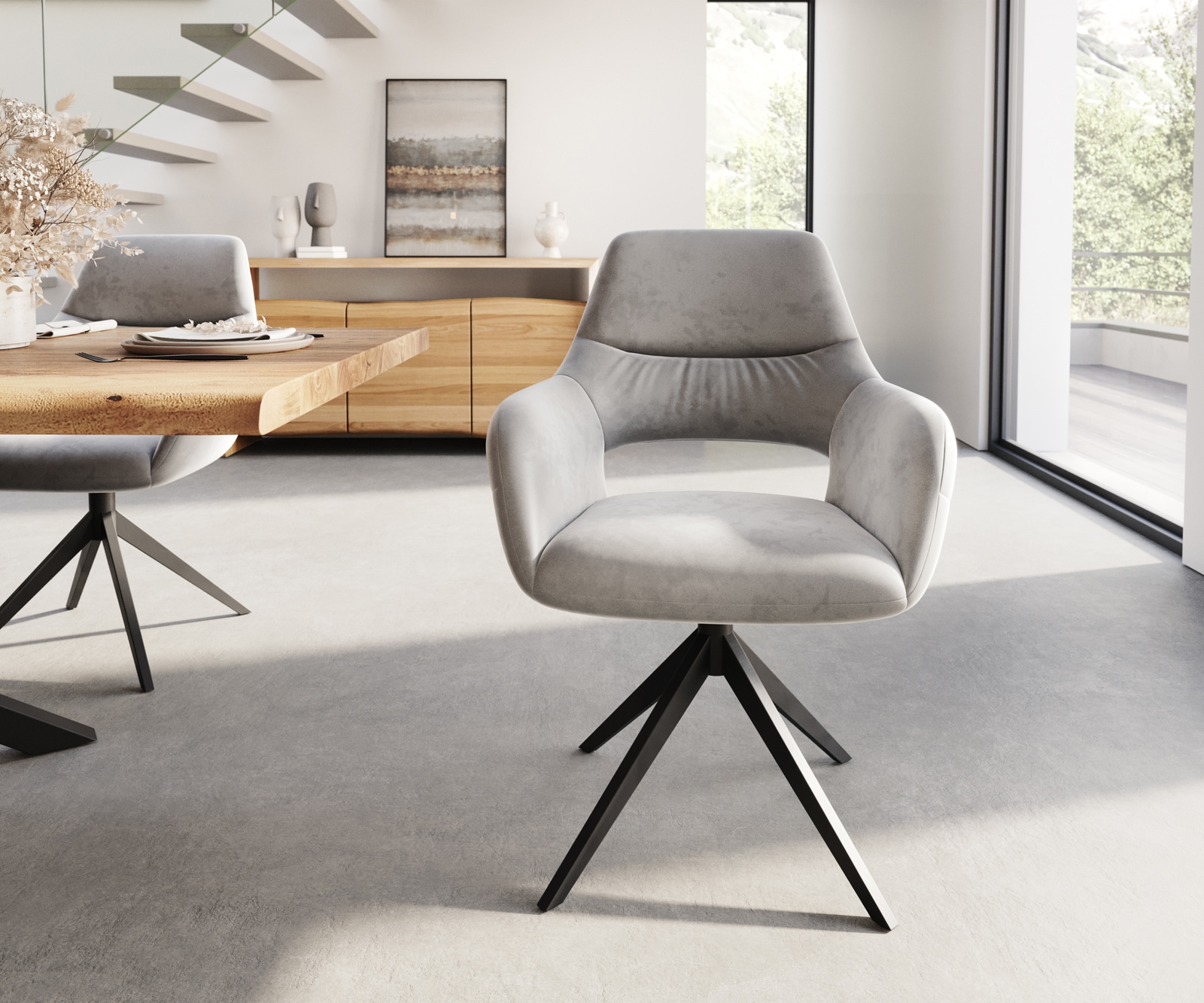 Esszimmerstuhl Yago-Flex mit Armlehnen Samt Grau Kreuzgestell breit Schwarz Taschenfederkern 1 Esszimmerstuhl Yago-Flex mit Armlehnen Samt Grau Kreuzgestell breit Schwarz Taschenfederkern 1