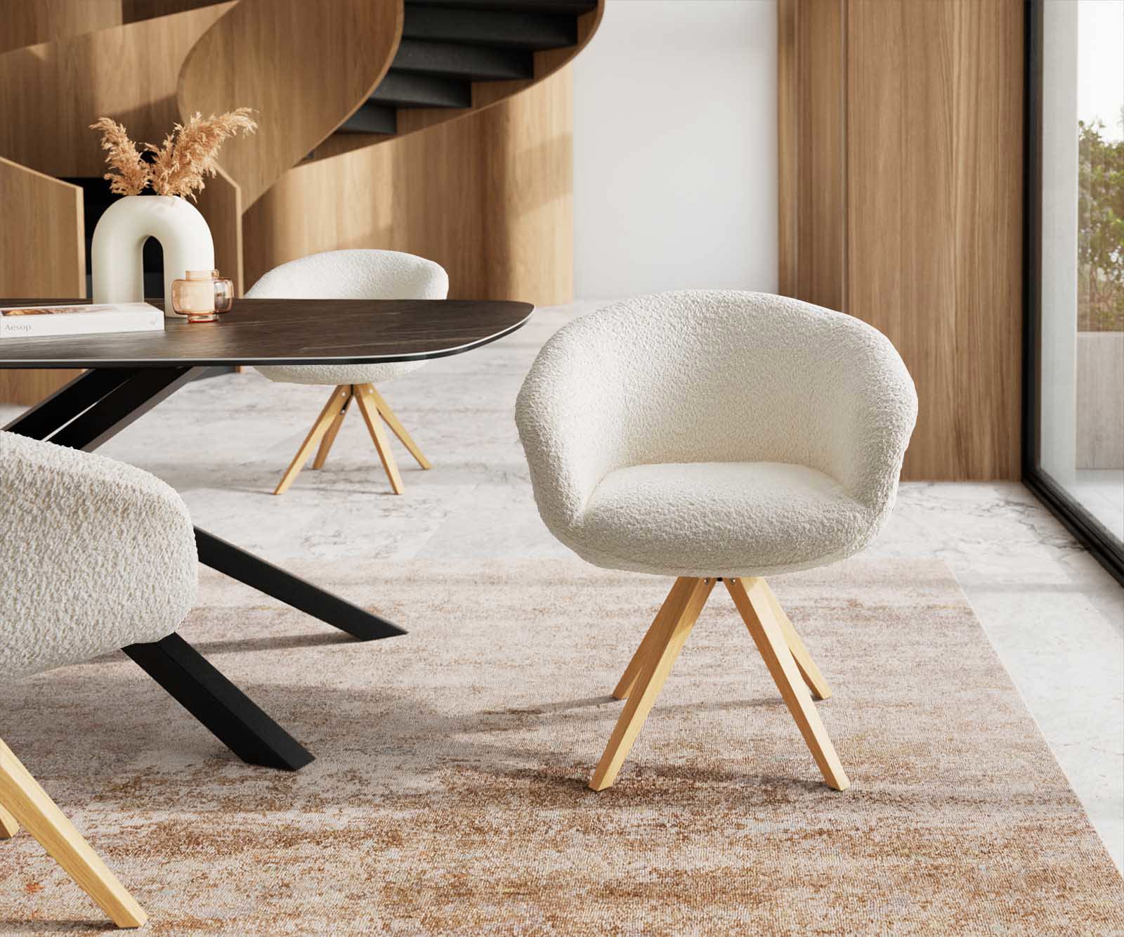 Chaise-pivotante Vinka-Flex avec accoudoirs bouclé blanc pied en bois angulaire naturel pivotement sur 180° ressorts ensachés 1