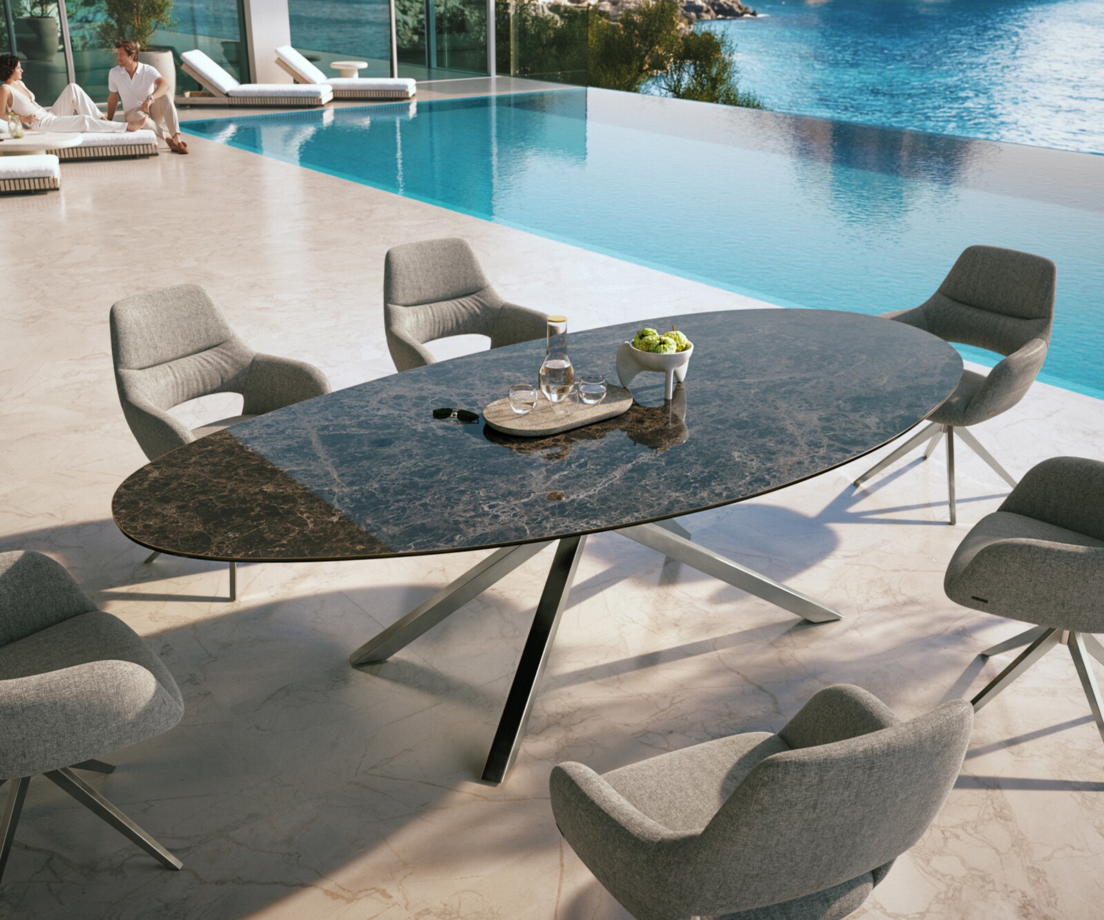 Outdoortisch Edge Oval 280x130 cm Keramik Laminam® Emperador Extra Lucidato Dunkelbraun Kreuzgestell Rechteck Edelstahl 1