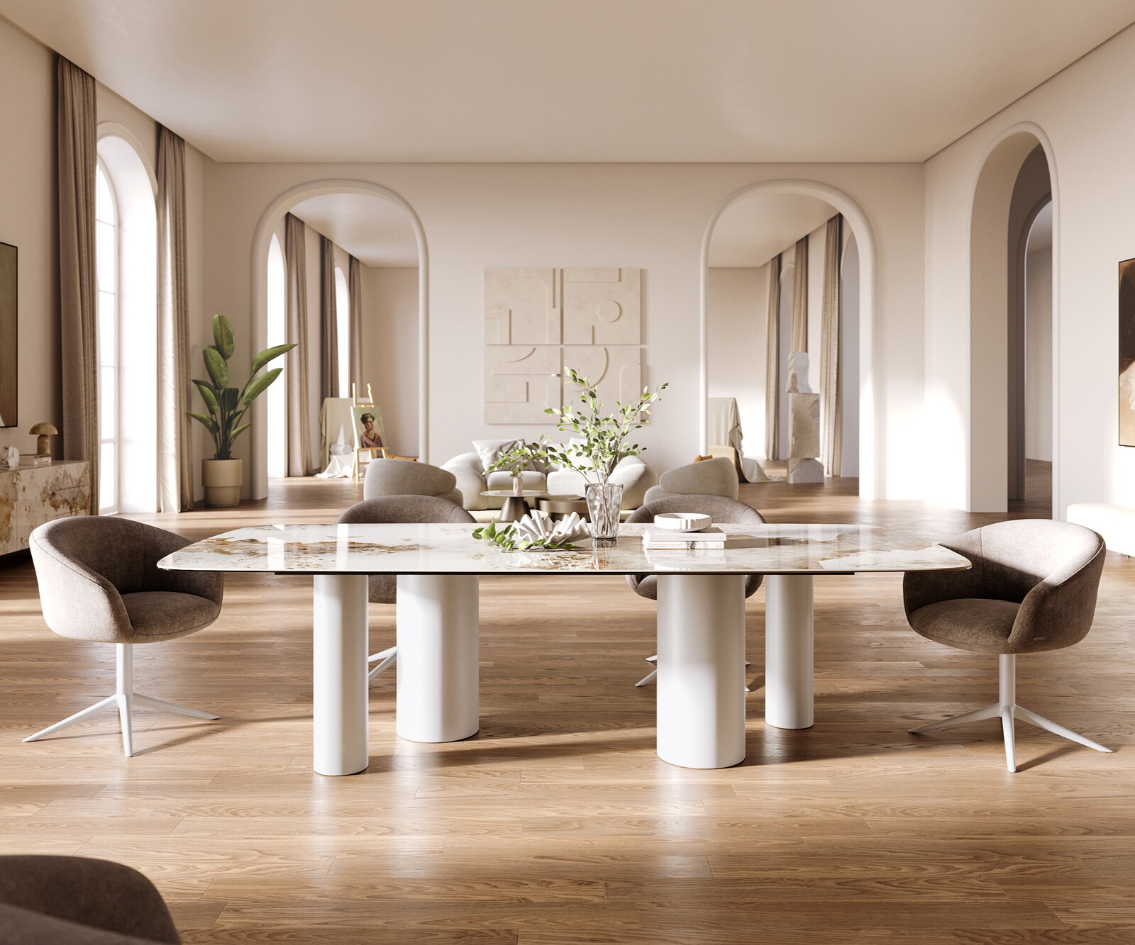 Esstisch Edge Boot 260x120 cm Keramik Minas Melange Weiß-Beige Pilier Metall Weiß 1