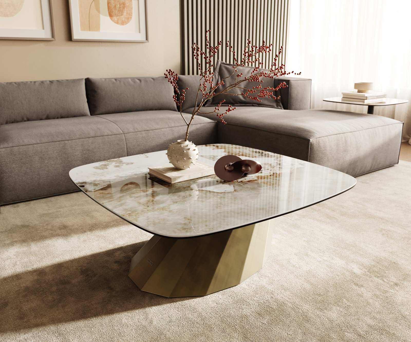 Couchtisch Edge Boot 90x90 cm Keramik Minas Melange Parabi Metallic Gold 1