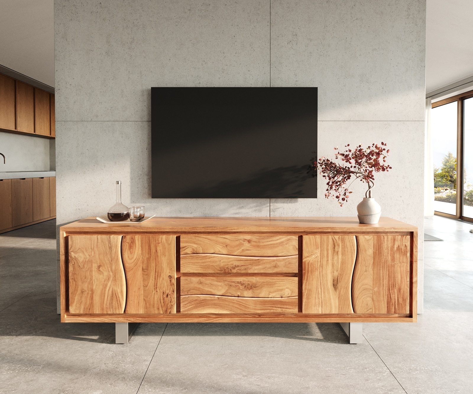 Meuble-TV Live-Edge 200 cm Acacia naturel 4 portes 2 tiroirs 1 Meuble-TV Live-Edge 200 cm Acacia naturel 4 portes 2 tiroirs 1