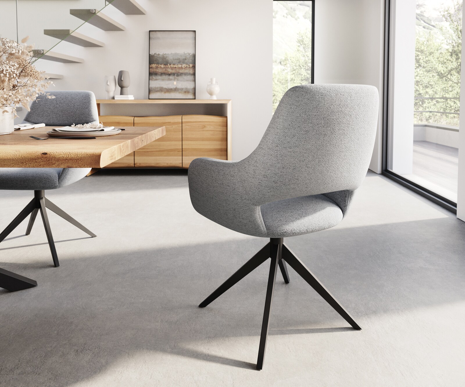 Esszimmerstuhl Yago-Flex mit Armlehnen Strukturstoff Hellgrau Kreuzgestell breit Schwarz Taschenfederkern 4 Esszimmerstuhl Yago-Flex mit Armlehnen Strukturstoff Hellgrau Kreuzgestell breit Schwarz Taschenfederkern 4