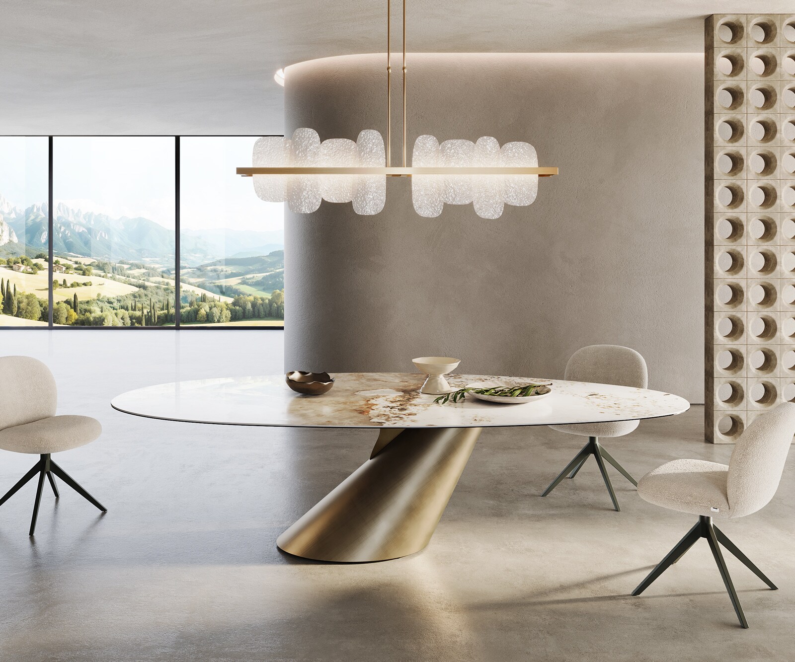 Table à manger Edge ovalee 280x130 céramique Minas mélange blanc-beige Cono métallique doré 1