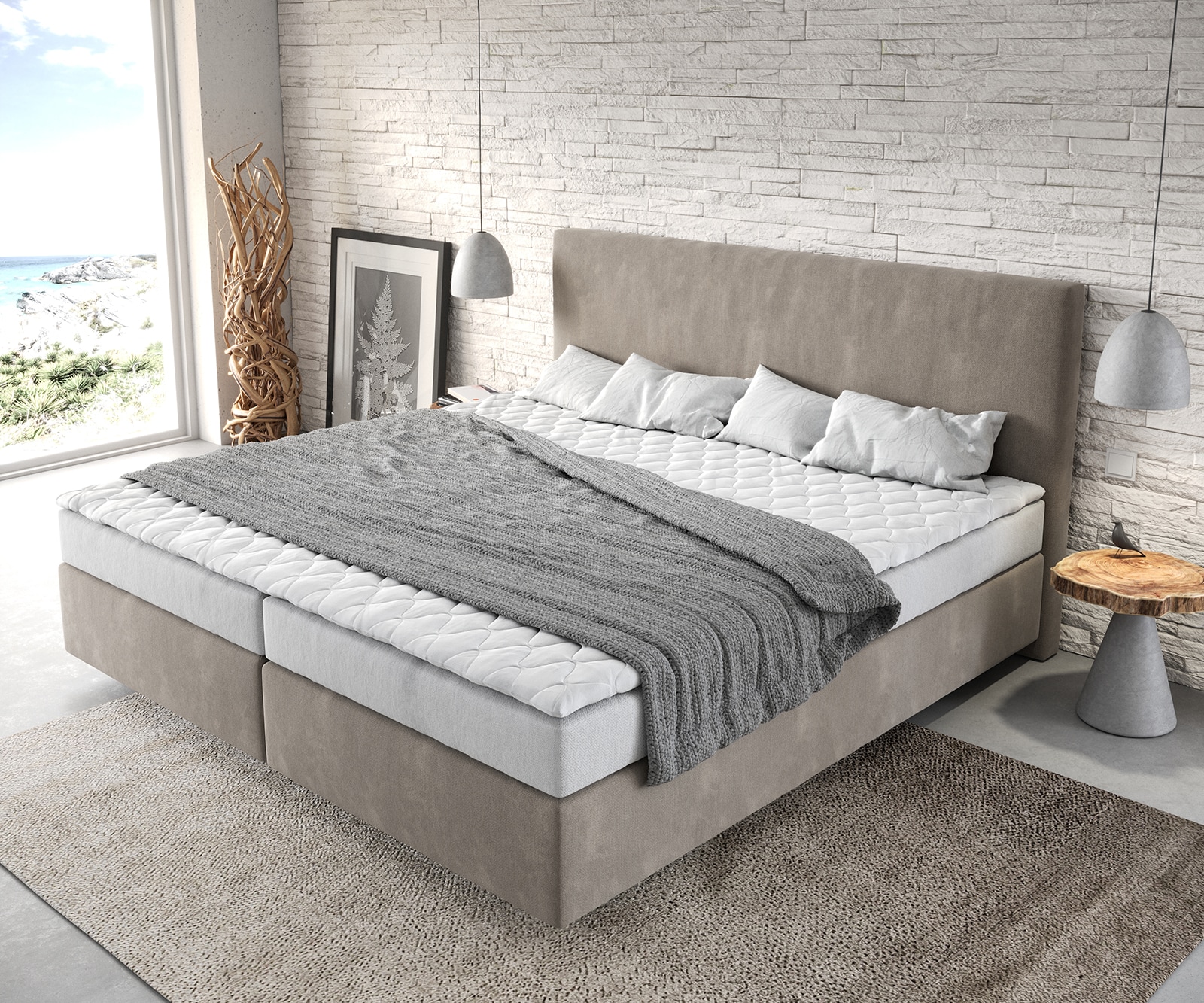 Boxspringbett Dream-Well Mikrofaser Beige 200x200 cm Bonell-Matratze PU-Topper 3 Boxspringbett Dream-Well Mikrofaser Beige 200x200 cm Bonell-Matratze PU-Topper 3
