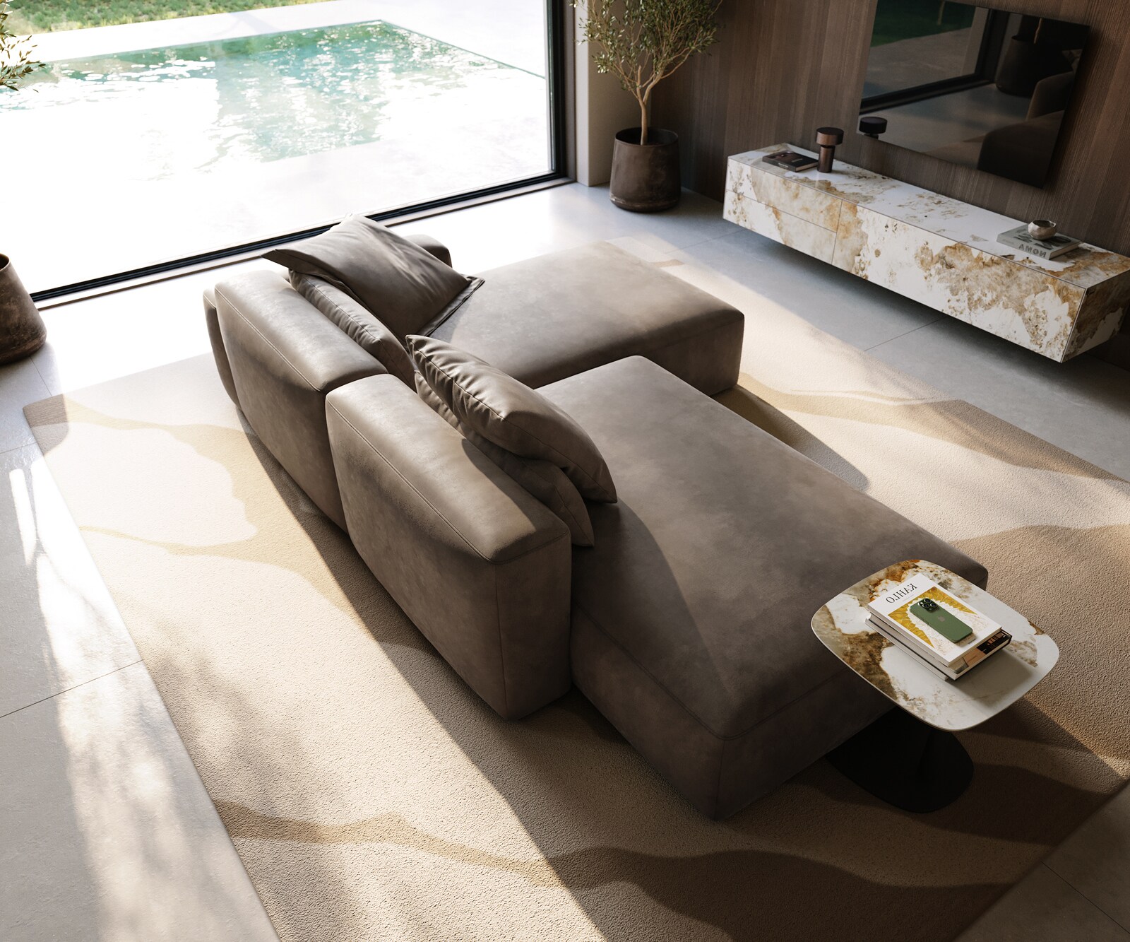 Canapé d'angle Freestyle 310x200 cm Tissu microfibre Taupe Vintage couture plate 4