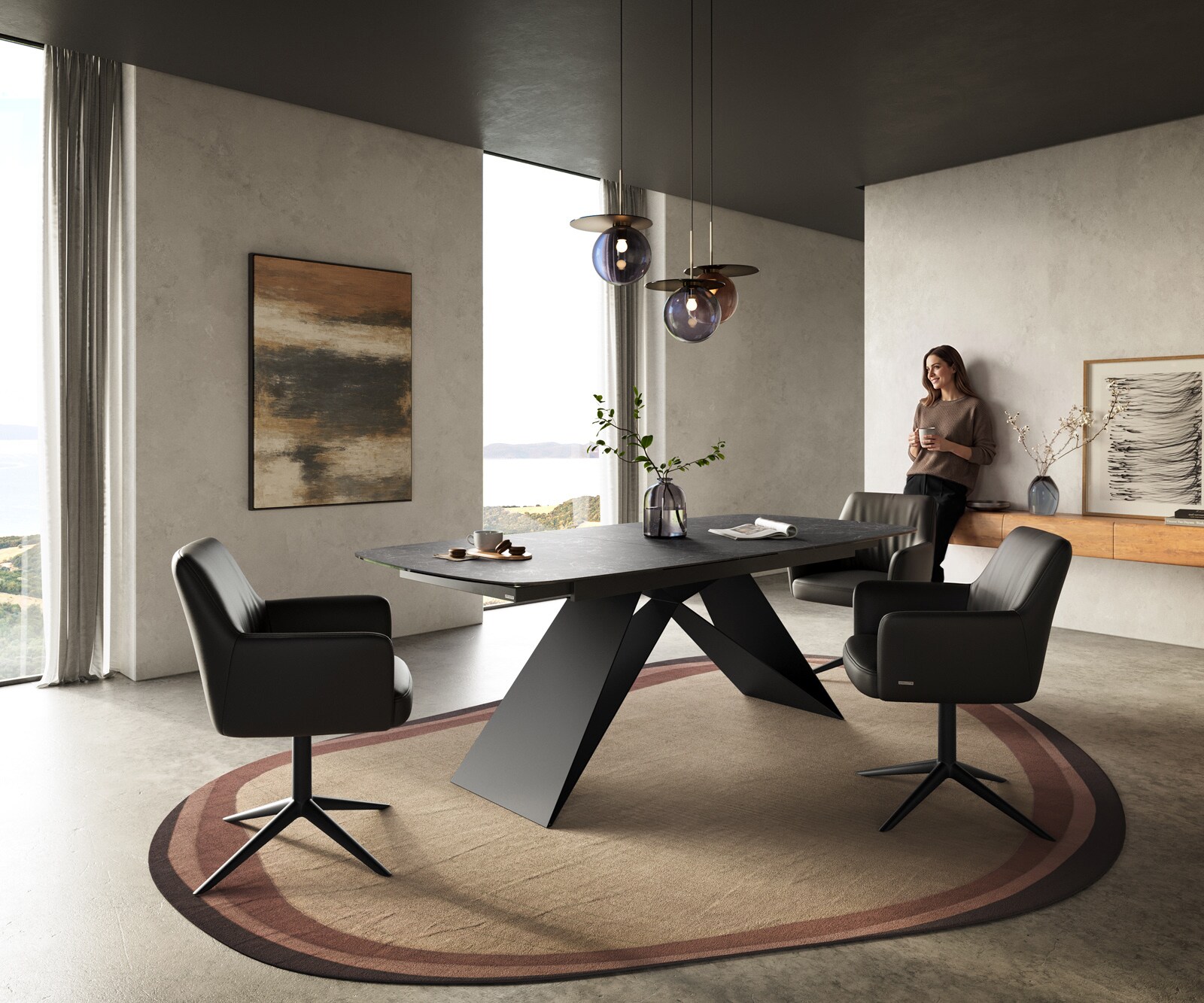 Esstisch Edge Boot 180-220x100 cm Keramik Laminam® Nero Greco Anthrazit V-Gestell Flachstahl Schwarz ausziehbar 5