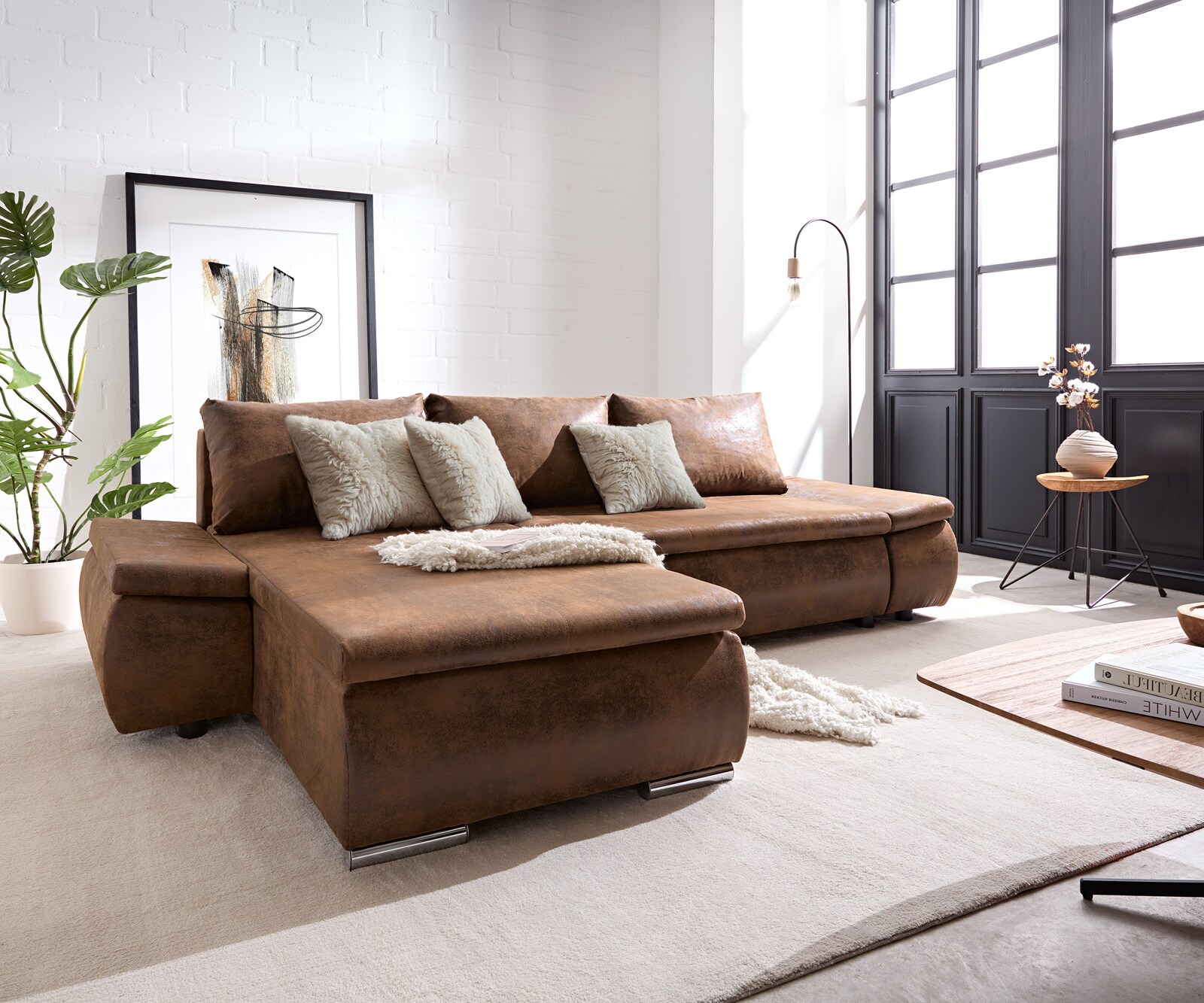 Couch Abilene Braun 260x175 mit Bettfunktion Ottomane variabel Ecksofa