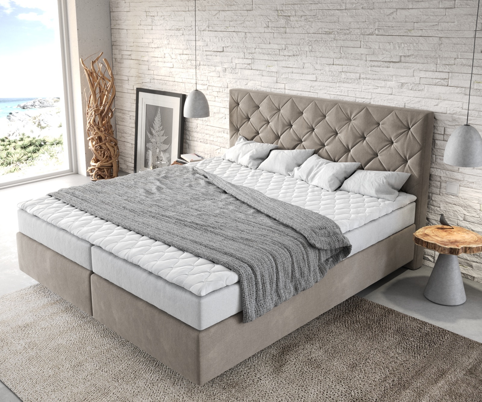 Boxspringbett Dream-Great 180x200 cm Mikrofaser Beige mit Matratze und Topper 3 Boxspringbett Dream-Great 180x200 cm Mikrofaser Beige mit Matratze und Topper 3