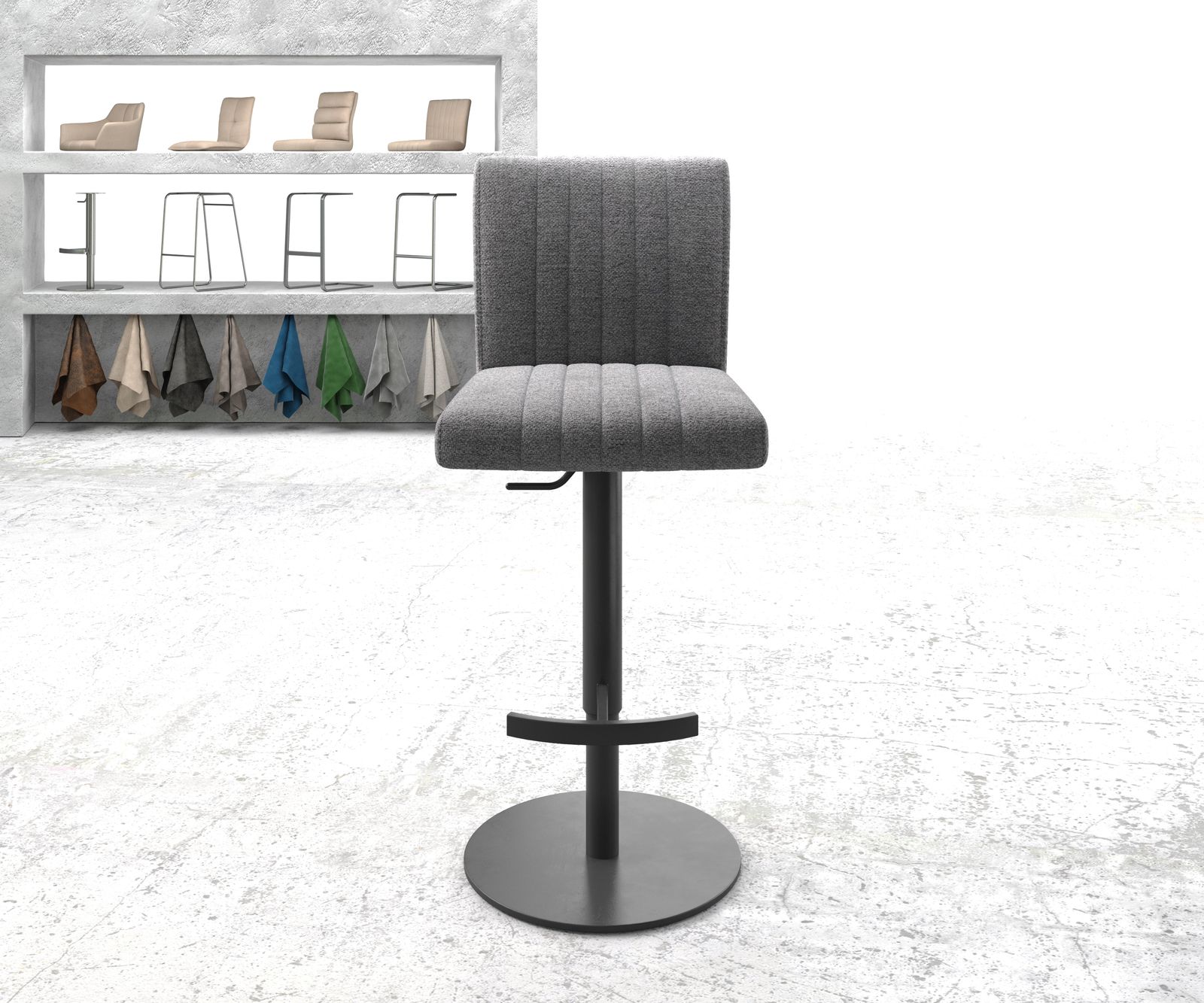 Chaise-de-bar Luiga-Flex tissu texturé gris clair pied pivotant réglable en hauteur métal 1