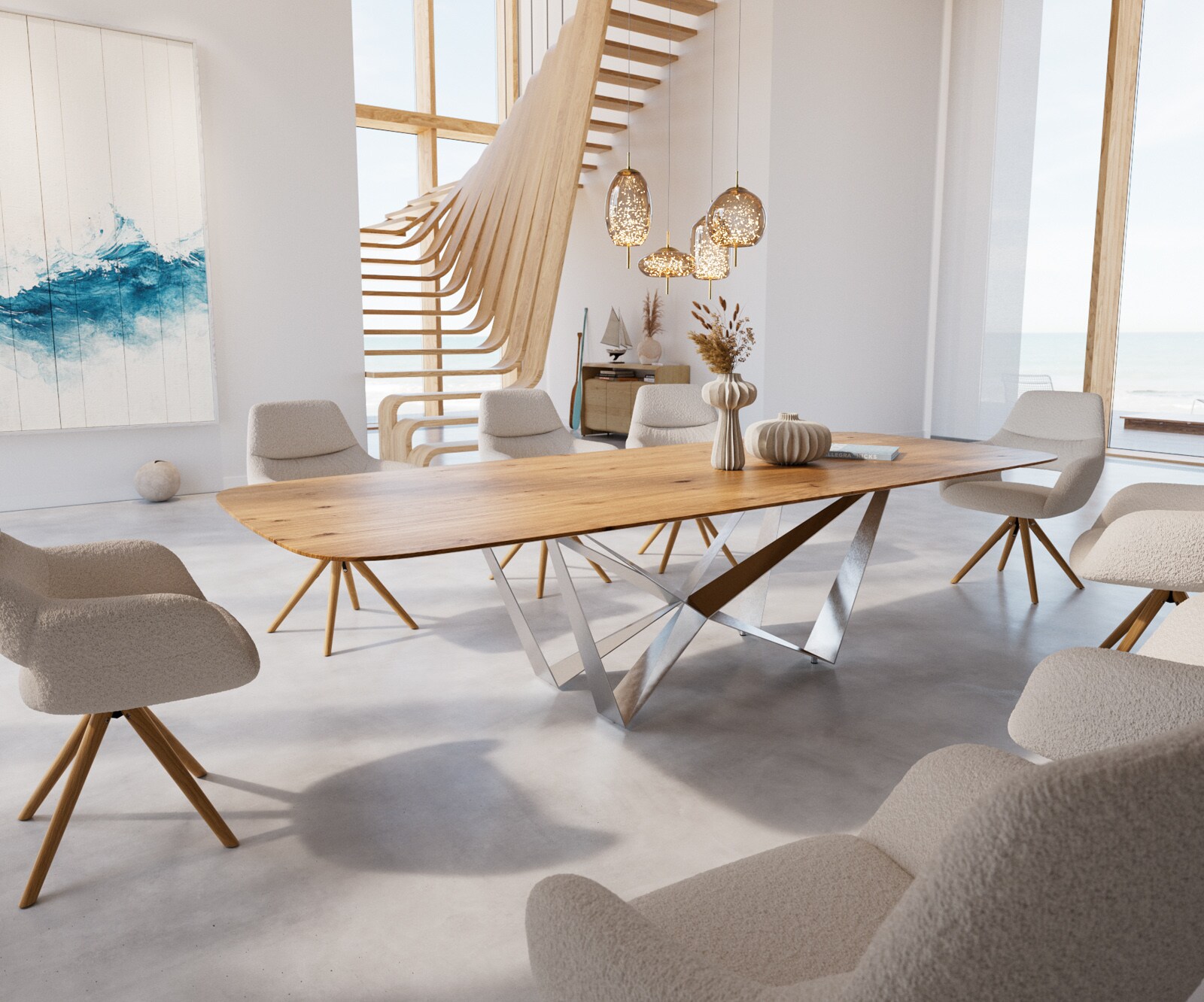 Table à manger Edge Boot 300x120x2,5-3 chêne nature Spider acier plat acier inoxydable bord suisse 1