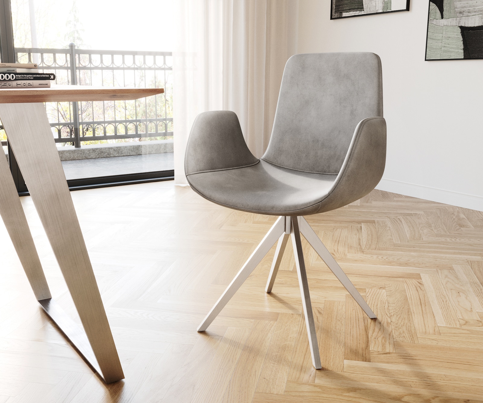 Drehstuhl Ilia-Flex mit Armlehnen Samt Grau Kreuzgestell kantig Edelstahl 180° drehbar