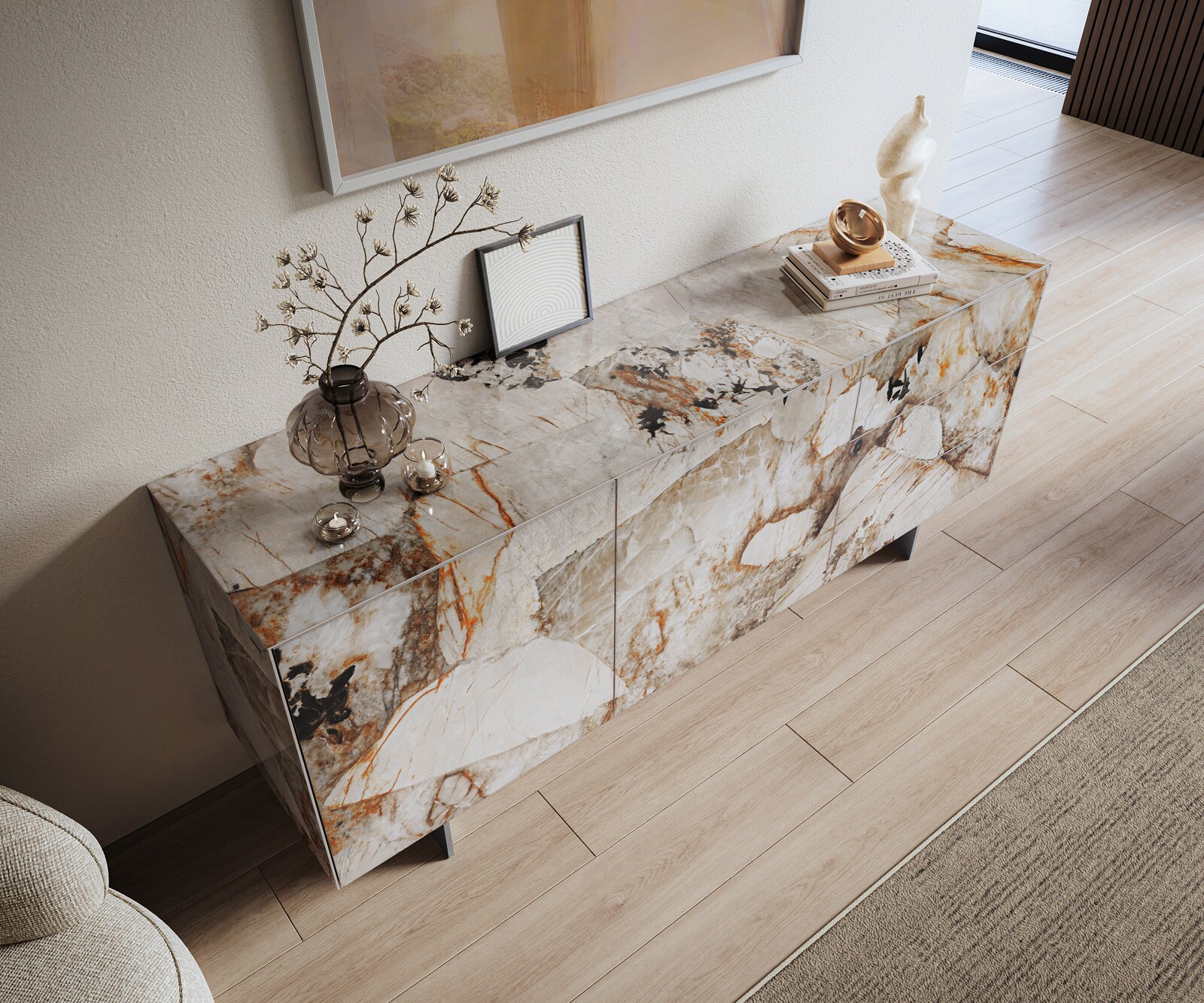 Buffet Cuor 180 cm Céramique Patagonia raffinée 2 Portes 3 Tiroirs Pied optique flottant Ancier inoxydable 4