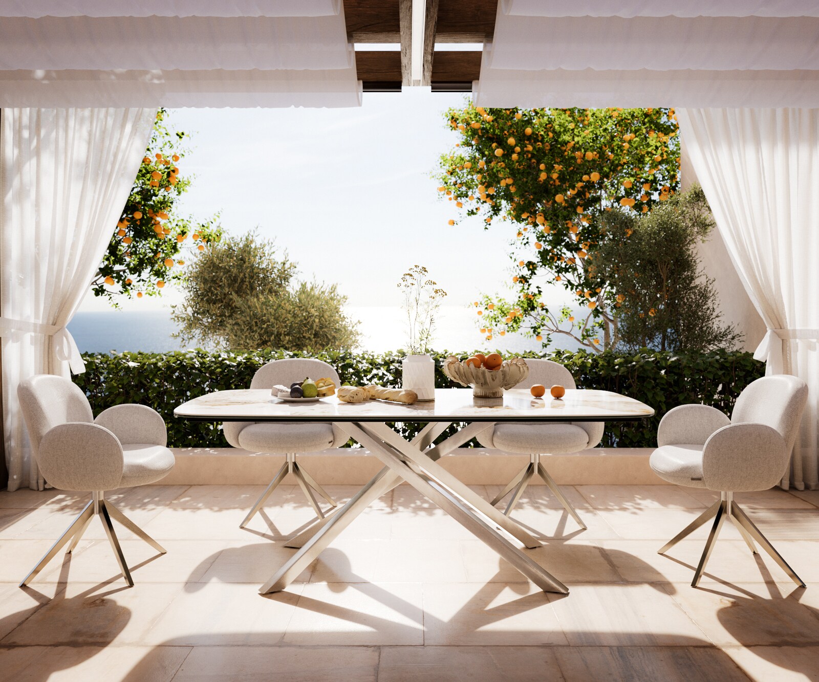 Table d’extérieur Edge Boot 200x100 cm céramique Minas Melange blanc-beige piètement croisé rectangulaire en acier inoxydable 1