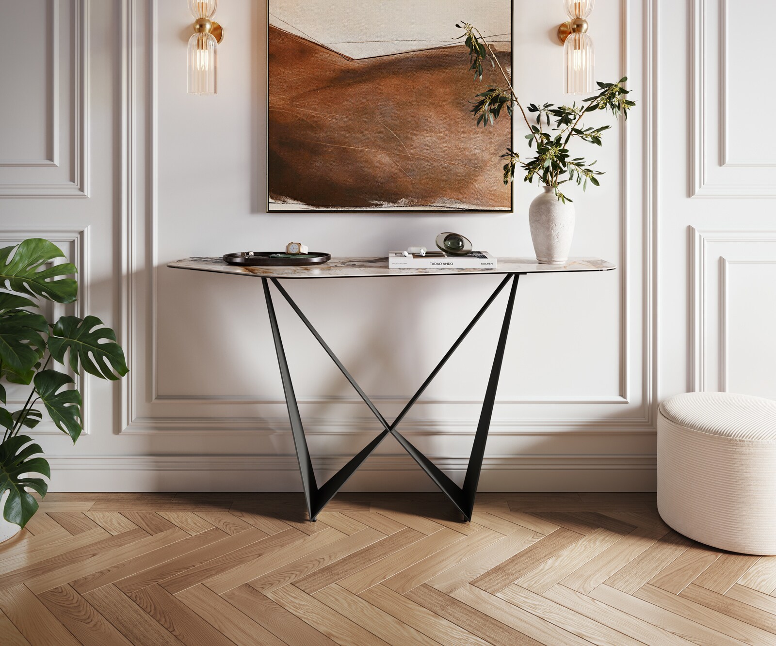Konsolentisch Edge Polygonal 140x50 cm Keramik Patagonia Poliert Spios Metall Schwarz 3